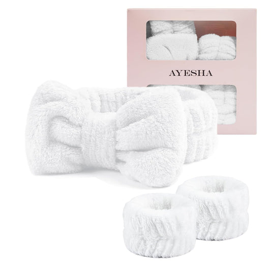 Ayesha White Spa Headband and Wristband Set for Skincare Makeup Headband Wrist Cuffs for Washing Face Bubble Skincare Hairband for Women Girls (White set)