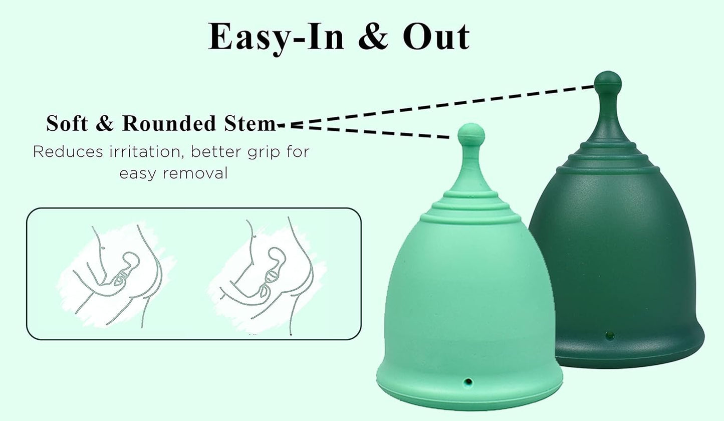 SHORDY Reusable Menstrual Cups (Large) Set of 2 with Mini Box, Medical Grade Silicone, Coupe Menstruelle, Safe Period Cup, Heavy Flow Kit, Feminine Hygiene, Tampons, Pads & Disc Alternative (Green)