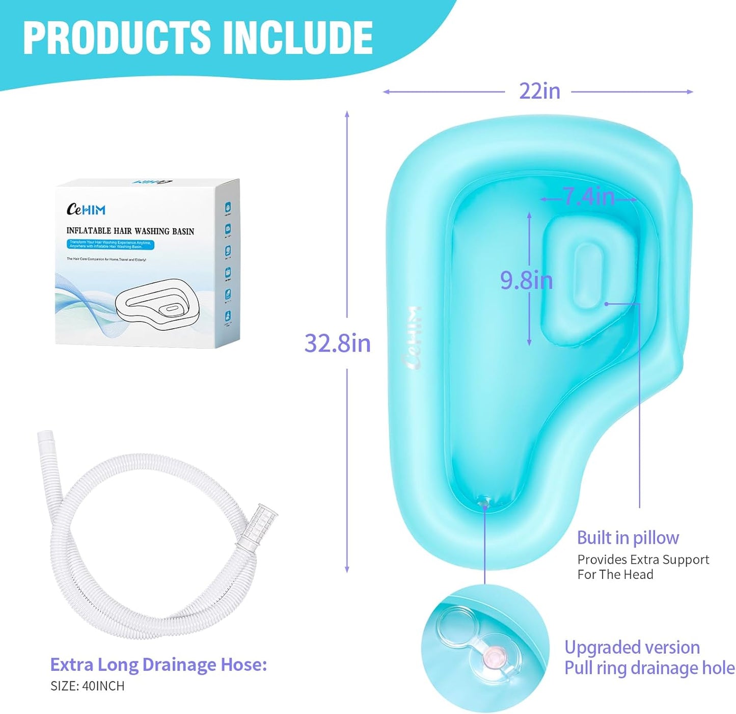 Portable Inflatable Shampoo Basin for Bedridden & Elderly - Zero Pooling Design | Fast-Drain Slope & Neck Support | Portable Hair Wash Bowl, Drain Hose | Hospital PVC | Home Use (Blue, Large)