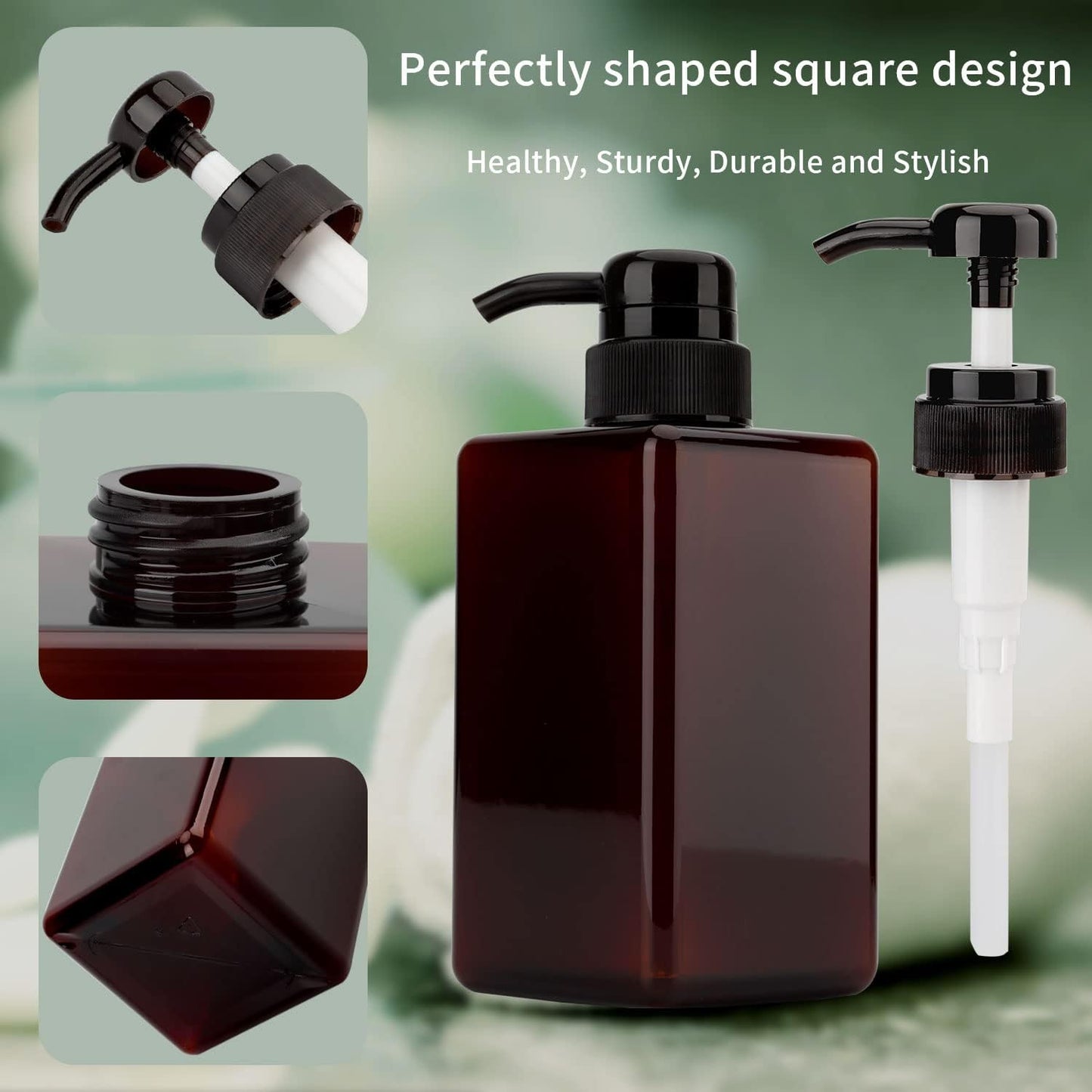 450ml (15.2oz) Pump Bottle Dispenser Jansburg 2Pack Refillable Square Plastic Lotion Dispenser Empty Lotion Pump Bottle for Essential Oil Soap Lotion Shampoo, Bathroom/Kitchen/Travel Amber