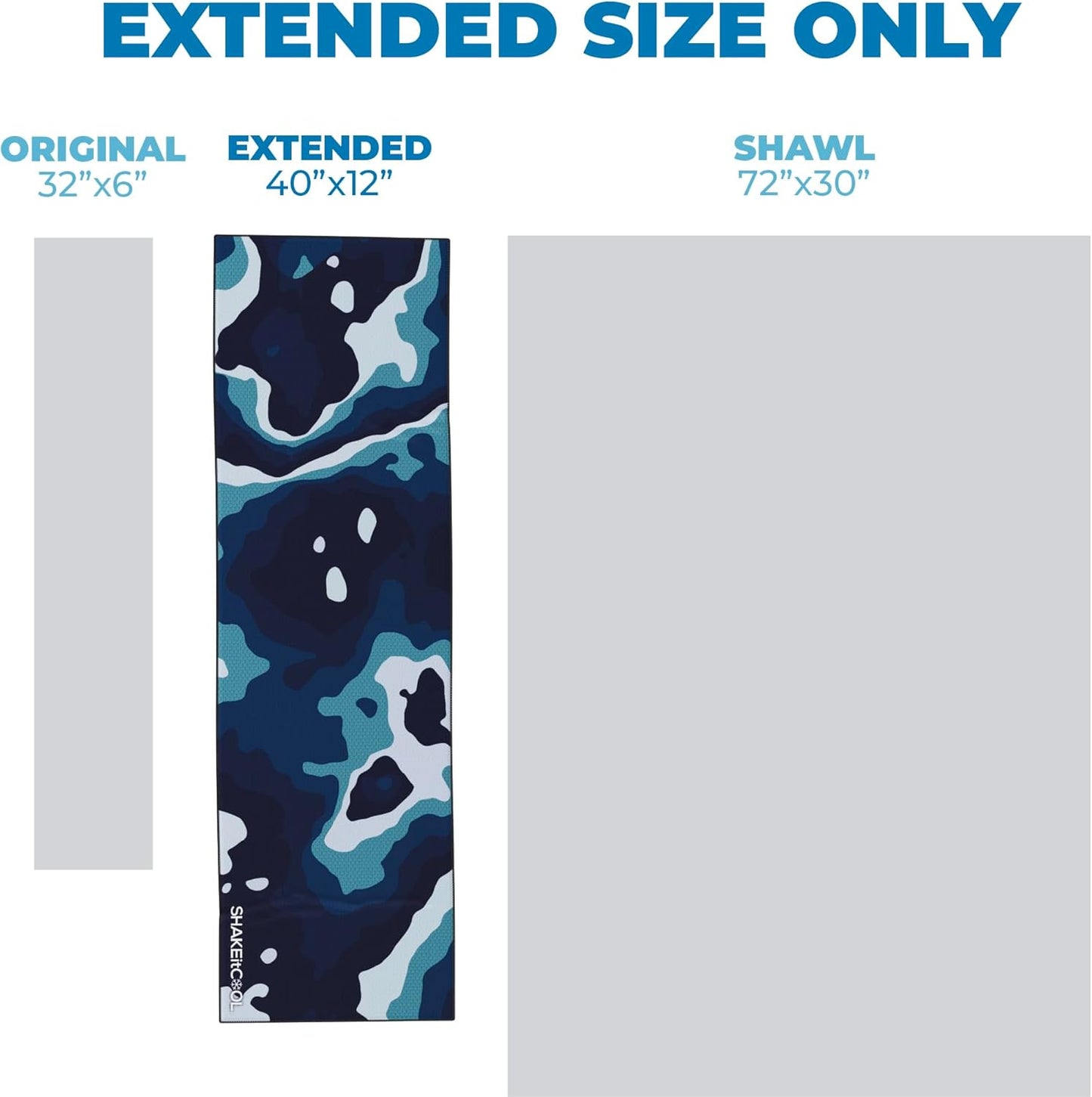 SHAKEitCOOL Extended Size Cooling Towel – Be Cool in Style - Heat Relief, Soft, Lightweight, Sun Protection, Easy Clean - Perfect for Biking, Hiking, Running, Yoga, Golf, Gardening - Blue Ocean M