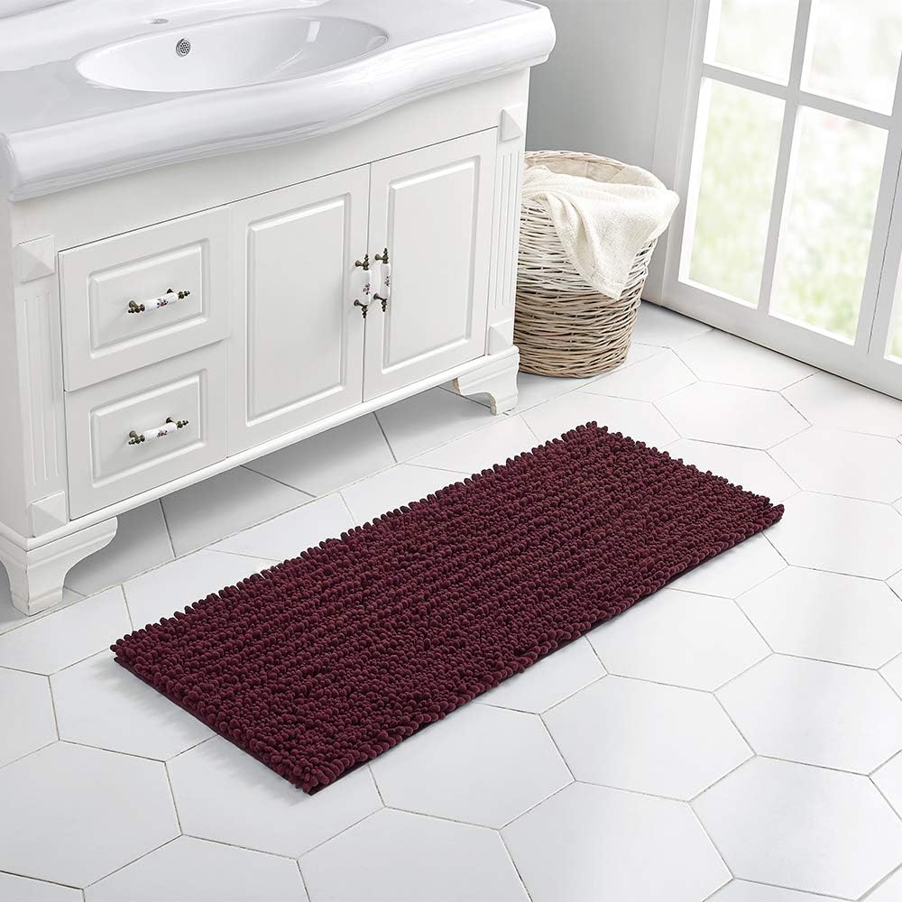 Walensee Bathroom Rug Non Slip Bath Mat (44x24 Inch Burgundy) Water Absorbent Super Soft Shaggy Chenille Machine Washable Dry Extra Thick Perfect Absorbant Best Large Plush Carpet for Shower Floor
