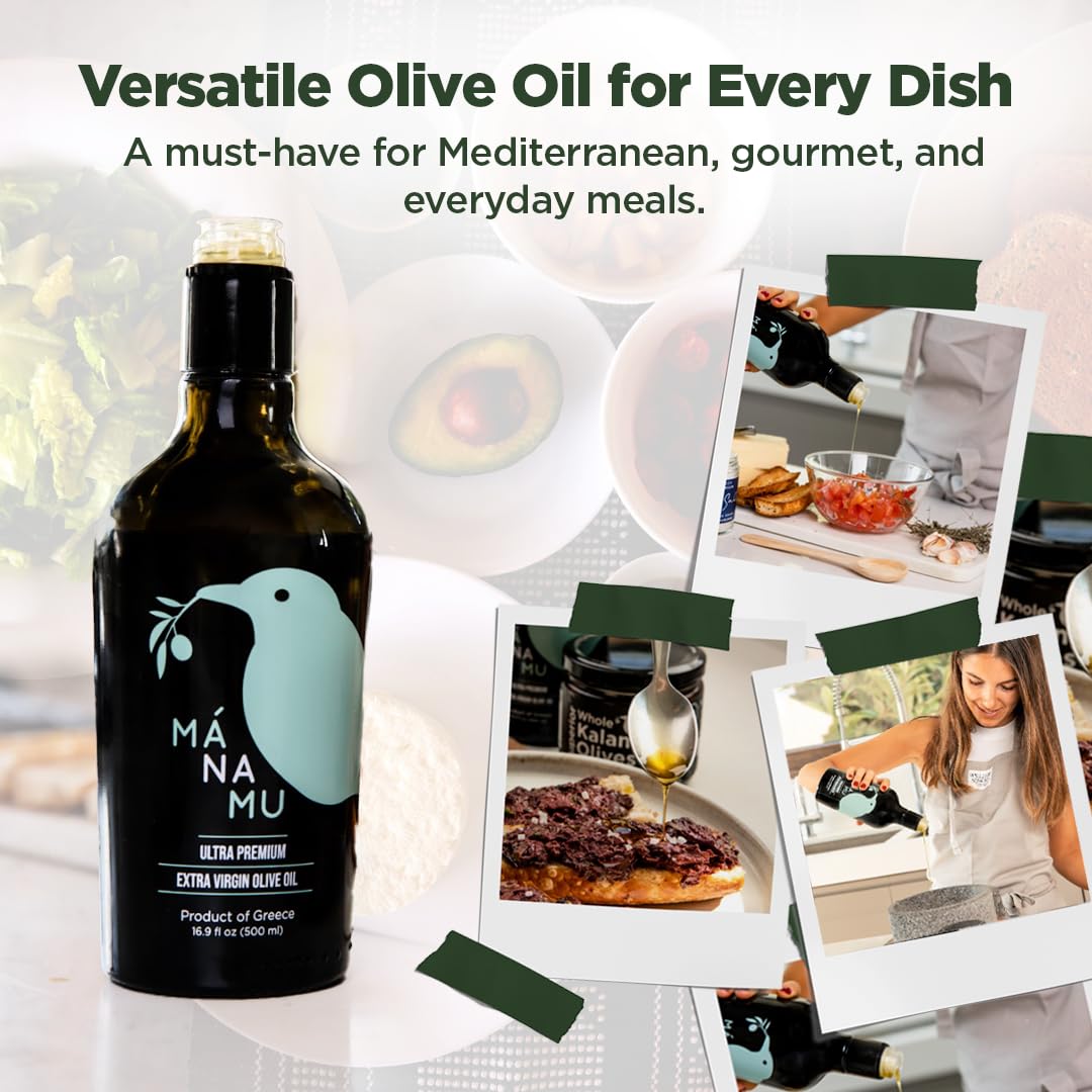 Mánamu Ultra Premium Extra Virgin Olive Oil · 2023 NYIOOC SILVER AWARD · 100% Koroneiki Variety from GREECE · Cold Pressed · Low Acidity · 16.9 Fl Oz (500 ML)