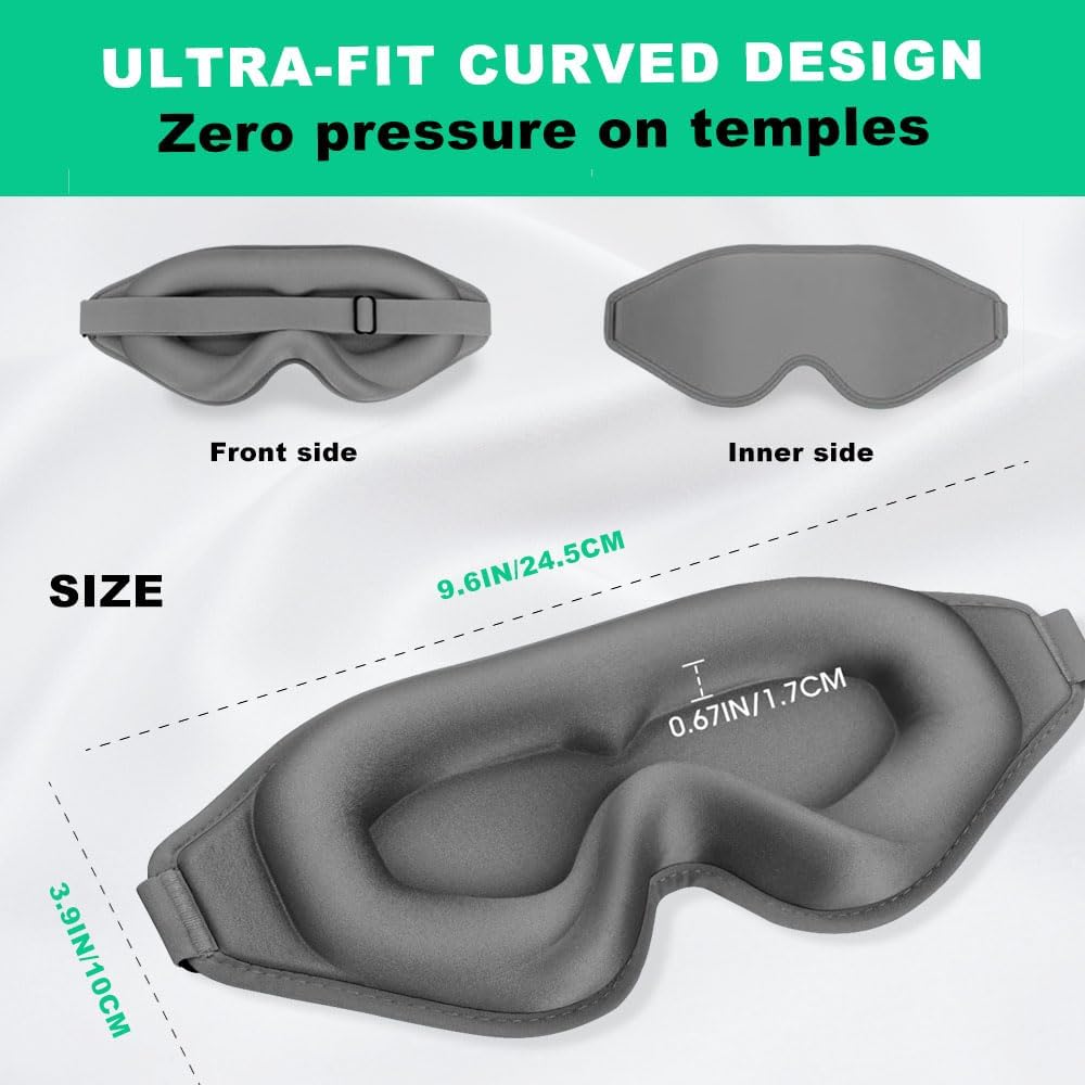 3D Contoured Sleep Eye mask Side Sleeper Men Women Zero Eye Pressure high Density Memory Foam Soft Breathable Light Blocking Night Blindfold Travel Yoga Napping Gray