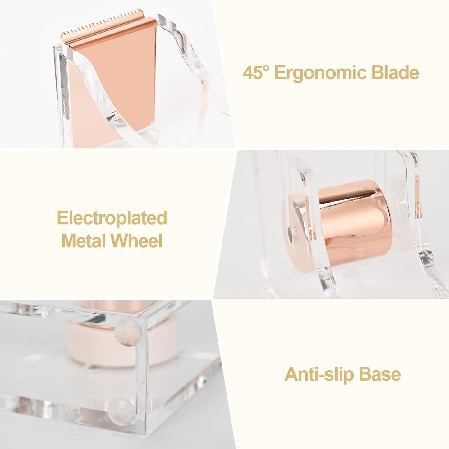 2-Piece Office Acrylic Tape Dispenser, Heavy Duty Adhensive Tape Cutter Holder with Non-Slip Bace, Single Hand Dispensing Clear Sticker Organizer Perfect for Desk, Office, School-Rose Gold