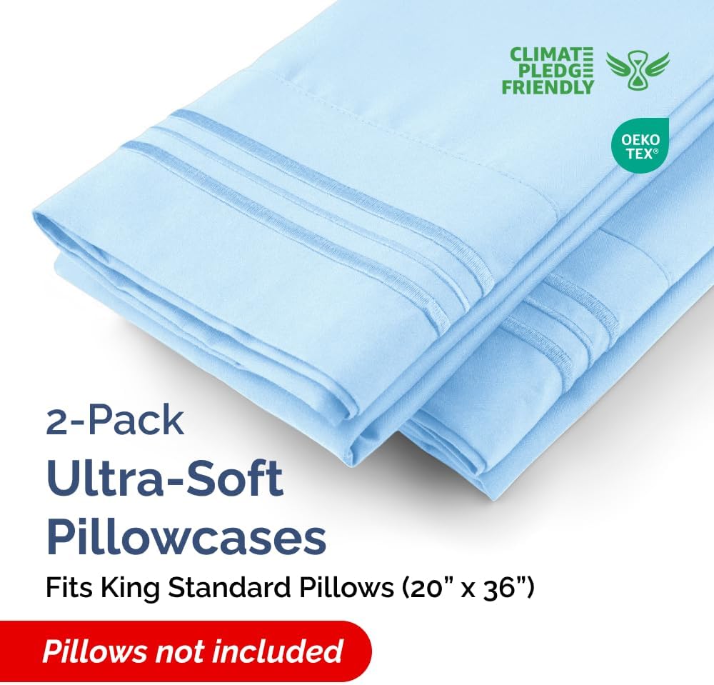 King Standard Pillow Cases Set of 2 - Soft Hotel Quality Pillowcase Covers - Comfy, Cozy & Fade Free - Wrinkle Resistant - Machine Washable Pillow Protectors - 2 Piece Set - King Standard Light Blue