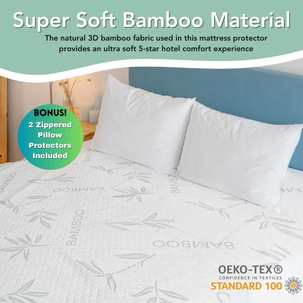 Bamboo Rayon Mattress Protector with Zipper + 2 Pillow Protectors - 100% Waterproof Cooling King Size Cover - Ultra Soft Fabric Breathable Noiseless Mattress Pad Covers Zippered Encasement