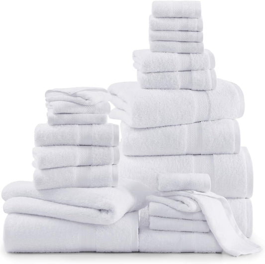 LANE LINEN 24 Piece Bathroom Towels – 100% Cotton Bath Towels Set, Quick Dry, Durable & Absorbent, 2 Bath Sheets, 4 Fingertip, 4 Bath, 6 Hand Towel & 8 Washcloths, Comfort Made for Family – White