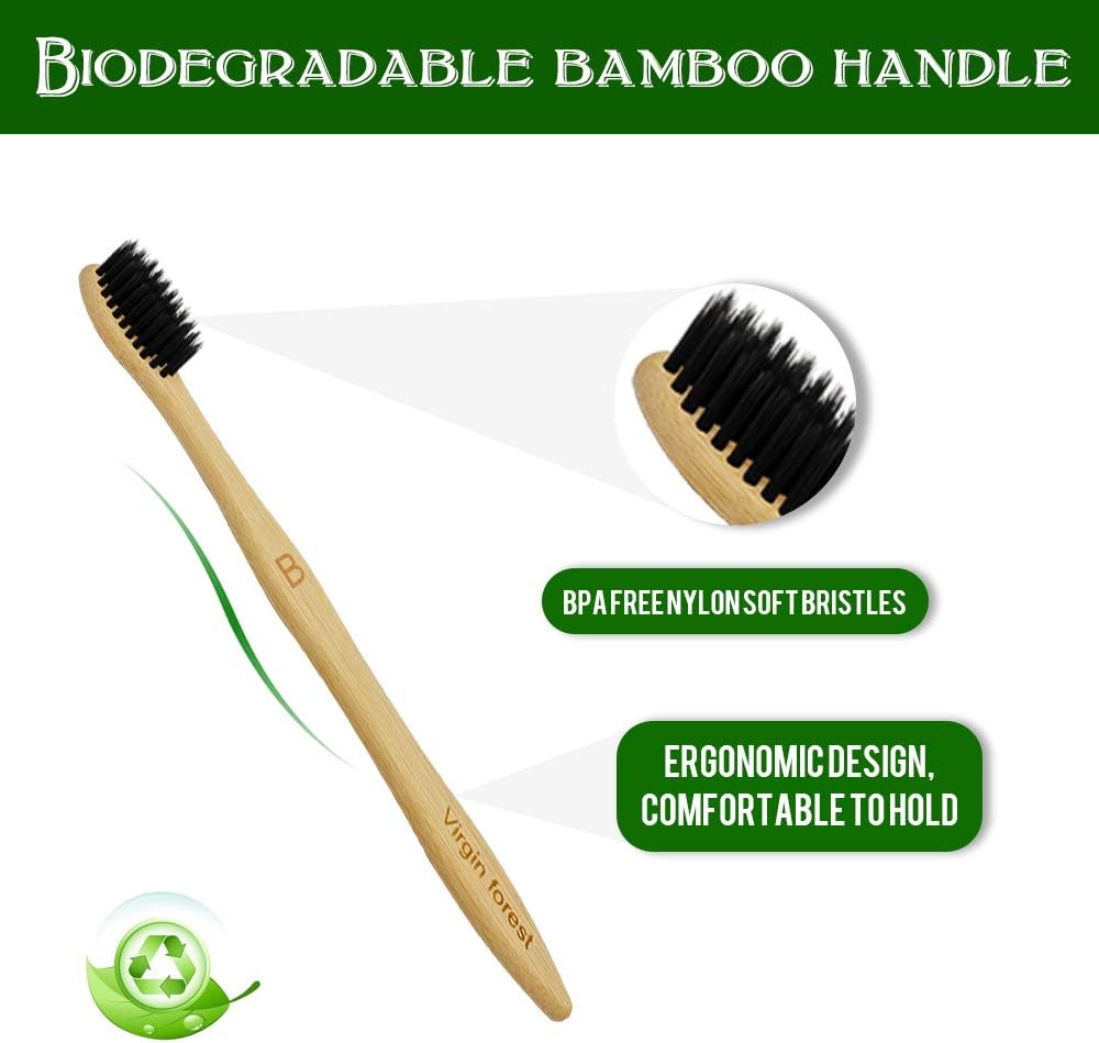 Virgin Forest Bamboo Toothbrushes, Eco Friendly BPA Free Soft Bristles Toothbrush, Biodegradable Natural Wooden Toothbrushes, Vegan Organic Bamboo Charcoal Tooth Brush for Sensitive Gums Set of 10