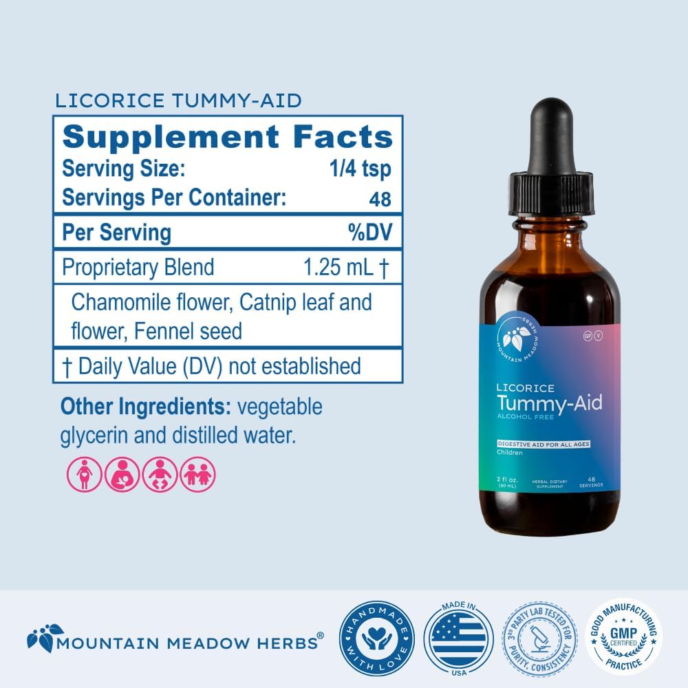 Mountain Meadow Herbs Licorice Tummy-Aid for Babies & Kids – Gas Relief Drops for Colic, Upset Stomach, Reflux & Bloating – Natural, Alcohol-Free Liquid Formula – 2 oz