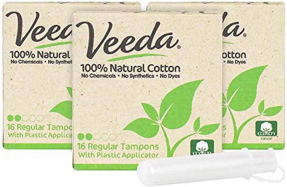 Veeda 100% Natural Cotton Tampons - Regular Absorbency with Leak Proof Protection - Compact BPA-Free Applicator - Unscented & Free from Chlorine, Toxin - 96 Count