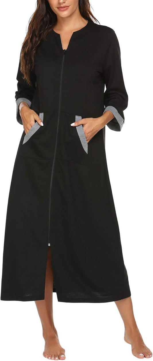 Ekouaer Women Zipper Robe 3/4 Sleeves Loungewear Dress Full Length Sleepwear Pockets Housecoat Nightgown Long Bathrobe