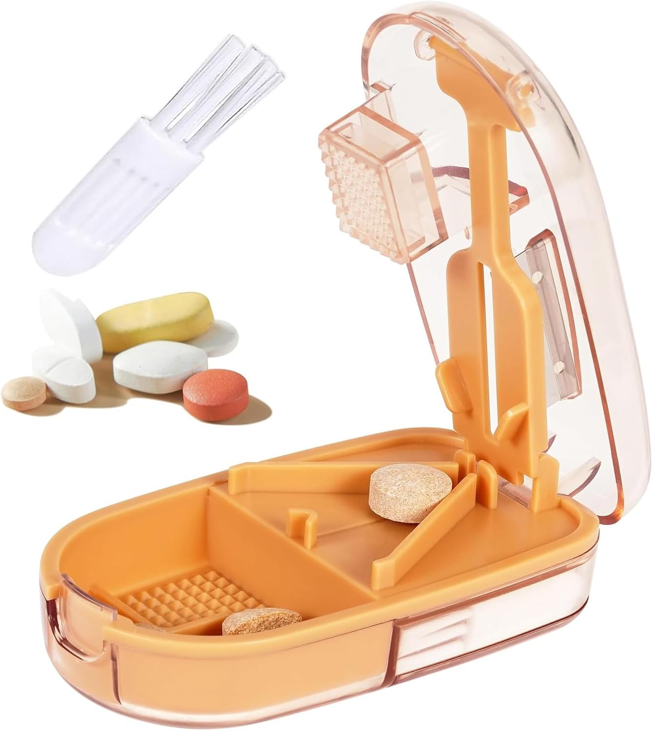 Clear Pill Cutter & Crusher – Precision Tablet Splitter with Safety Blade Guard, Pill Storage and Built-in Cleaning Brush – for Small and Large Pills, Travel Ready (Transparent Brown)