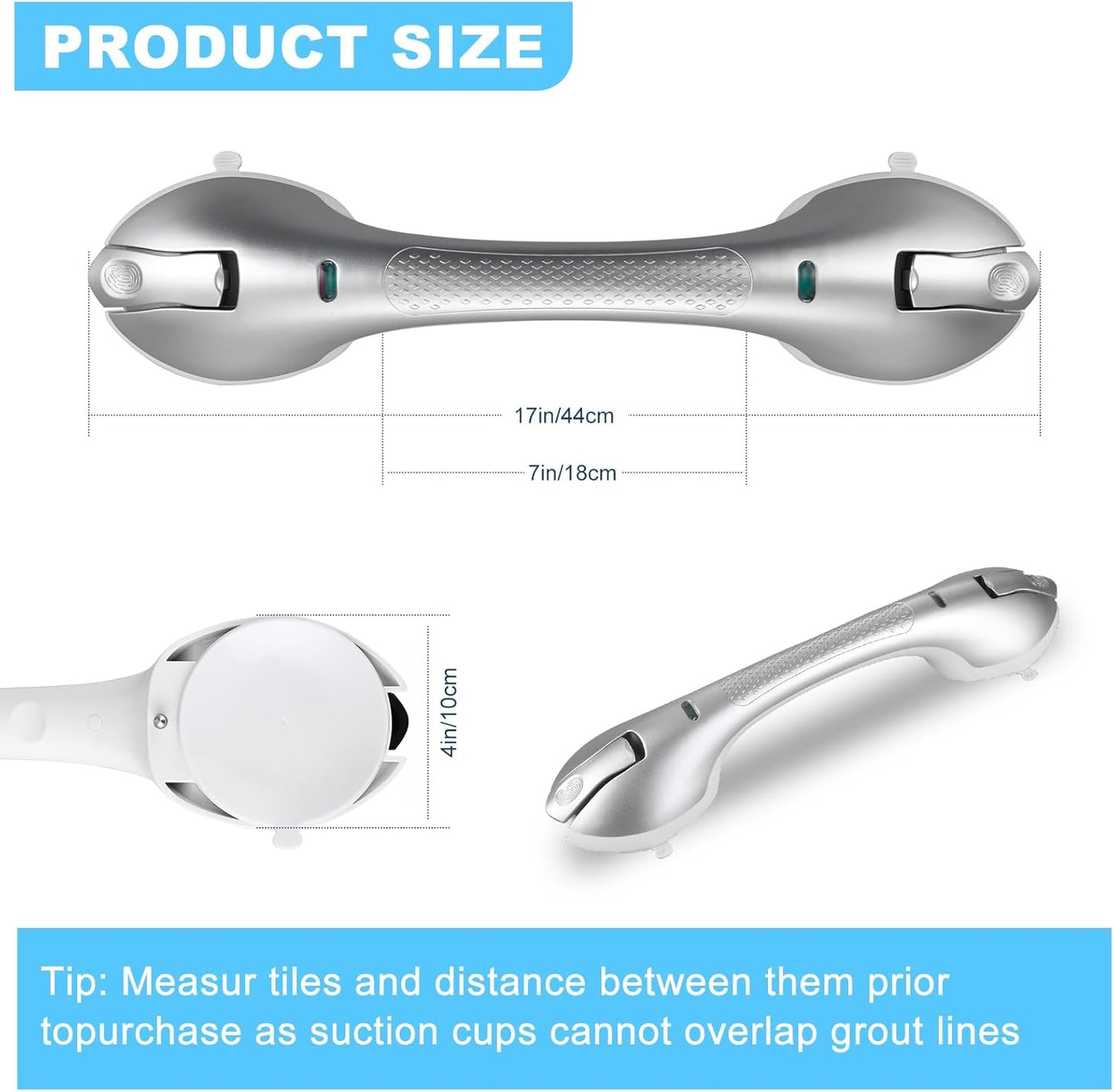 Suction Grab Bars for Bathtubs and Showers, Heavy Duty Shower Handle Removable Shower Handrails for Kids, Bathroom Safety Grip Waterproof(Silver)