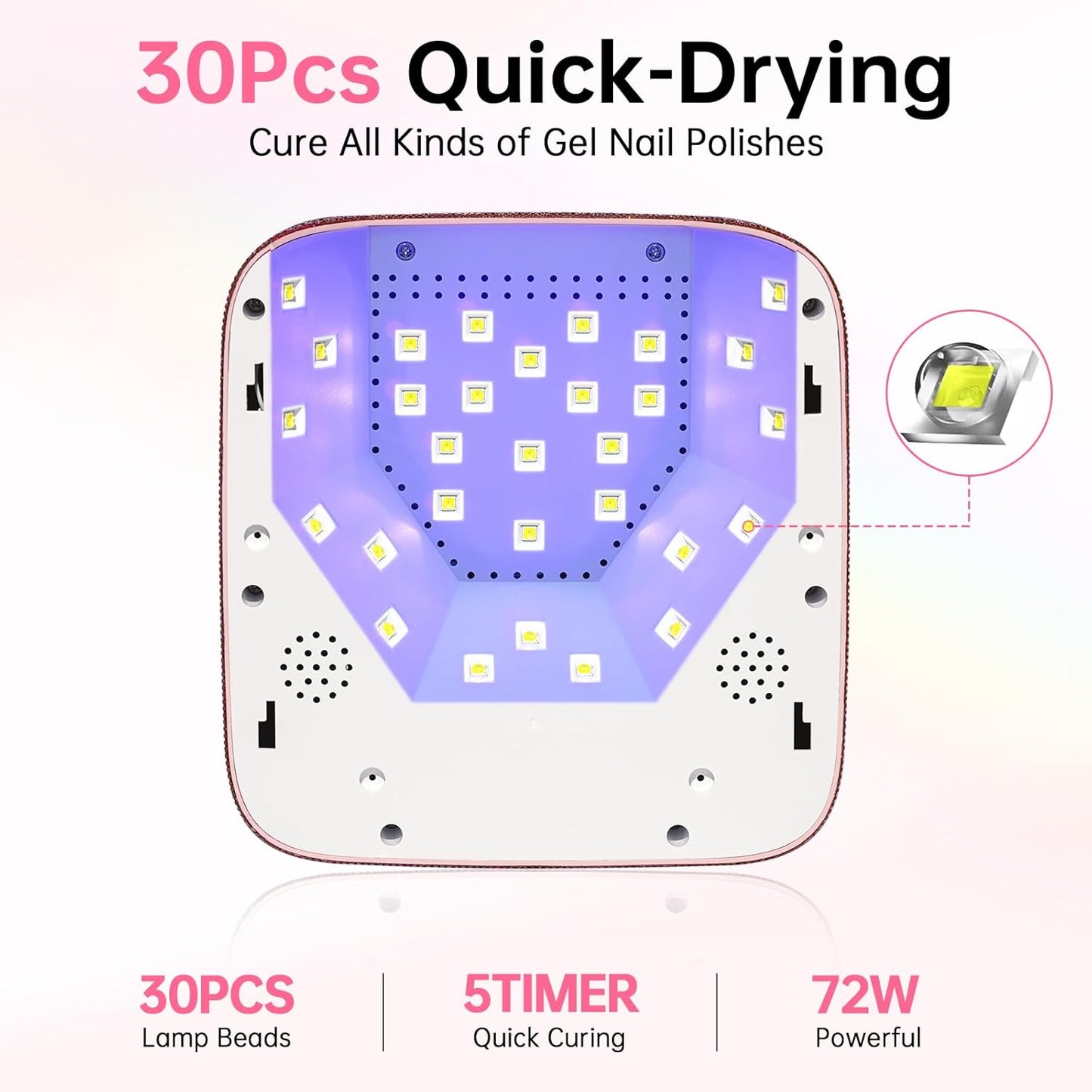 UV LED Nail Lamp 72W Rechargeable Sparkly Wireless Nail Dryer Gel Polish Light with 5 Timer Setting Professional Quick Dry Curing Lamp Pink with Display Auto Sensor for Salon & Home