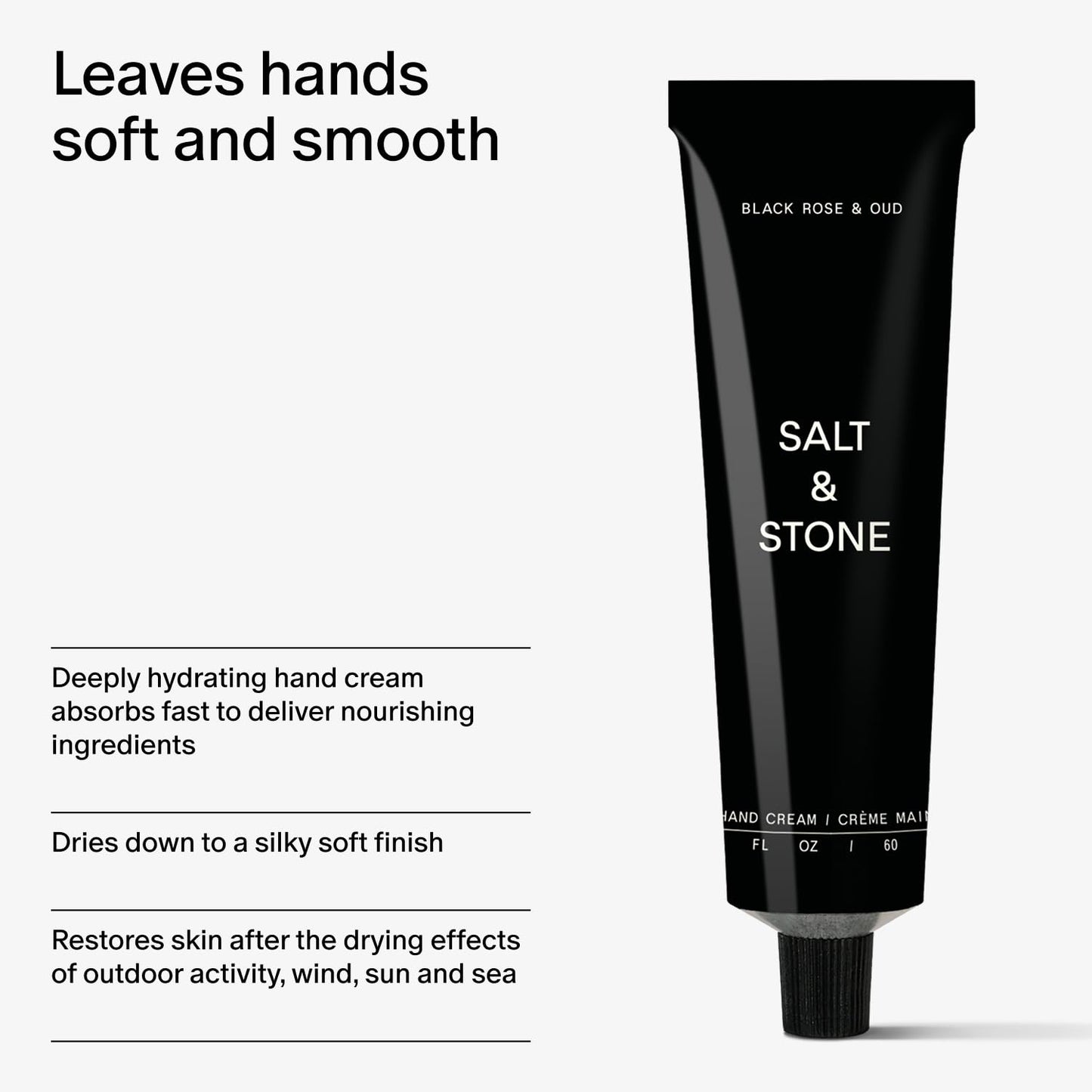 Salt & Stone Hand Cream for Women & Men | Black Rose & Oud | Hydrates, Nourishes & Softens Skin | Restores Dry Cracked Hands | Fast-Absorbing | Cruelty-Free & Vegan (2 fl oz)