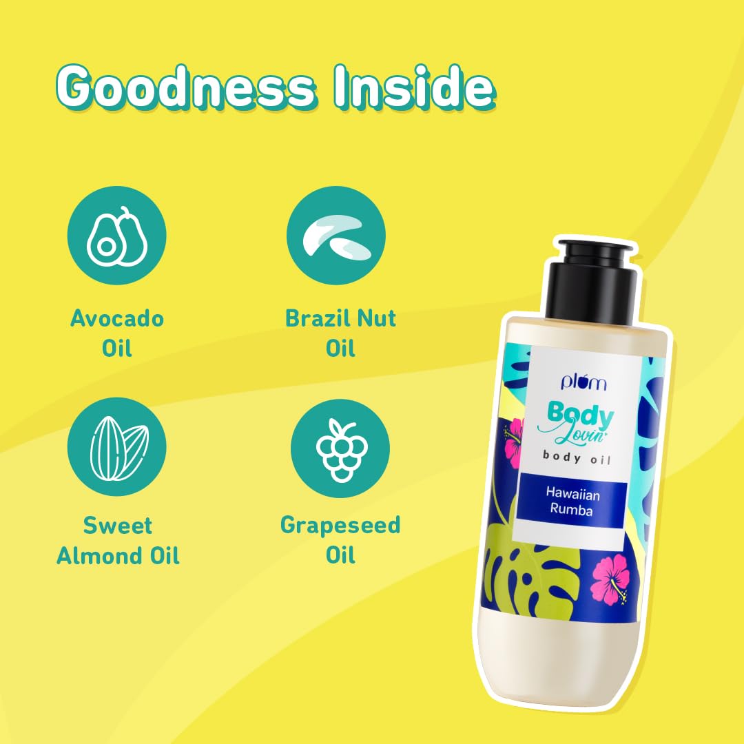 Plum Hawaiian Rumba Body Oil With Avocado Oil, Coconut Oil, Carrot Seed Oil, 100% Pure Moisturizing Oil, Instant Glow, Detoxifying, Nourishing Bath Oil, Paraben, Silicone & Mineral Oil Free, 6.7 Fl Oz