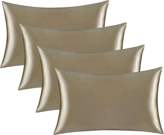 Satin Silk Pillowcase for Hair and Skin, Black Pillow Cases Standard Size Set of 4 Pack Super Soft Pillow Case with Zipper Closure (Camel, Queen(4 Pack))