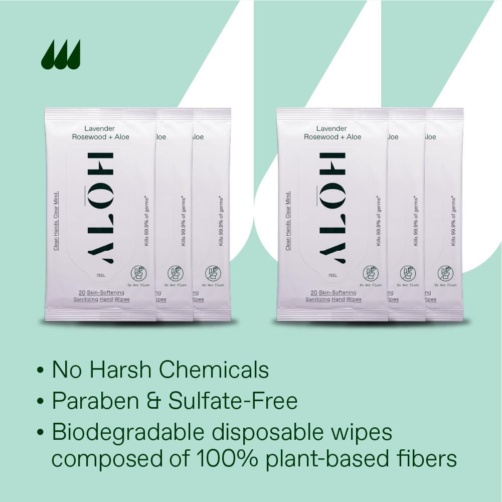 ALŌH Lavender Rosewood + Aloe Sanitizing Hand Wipes - Clean Hands, Clear Mind - On The Go Hand Sanitizer Wipes for Kids and Adults - Travel Size 6 Pack, 20ct (120 wipe)