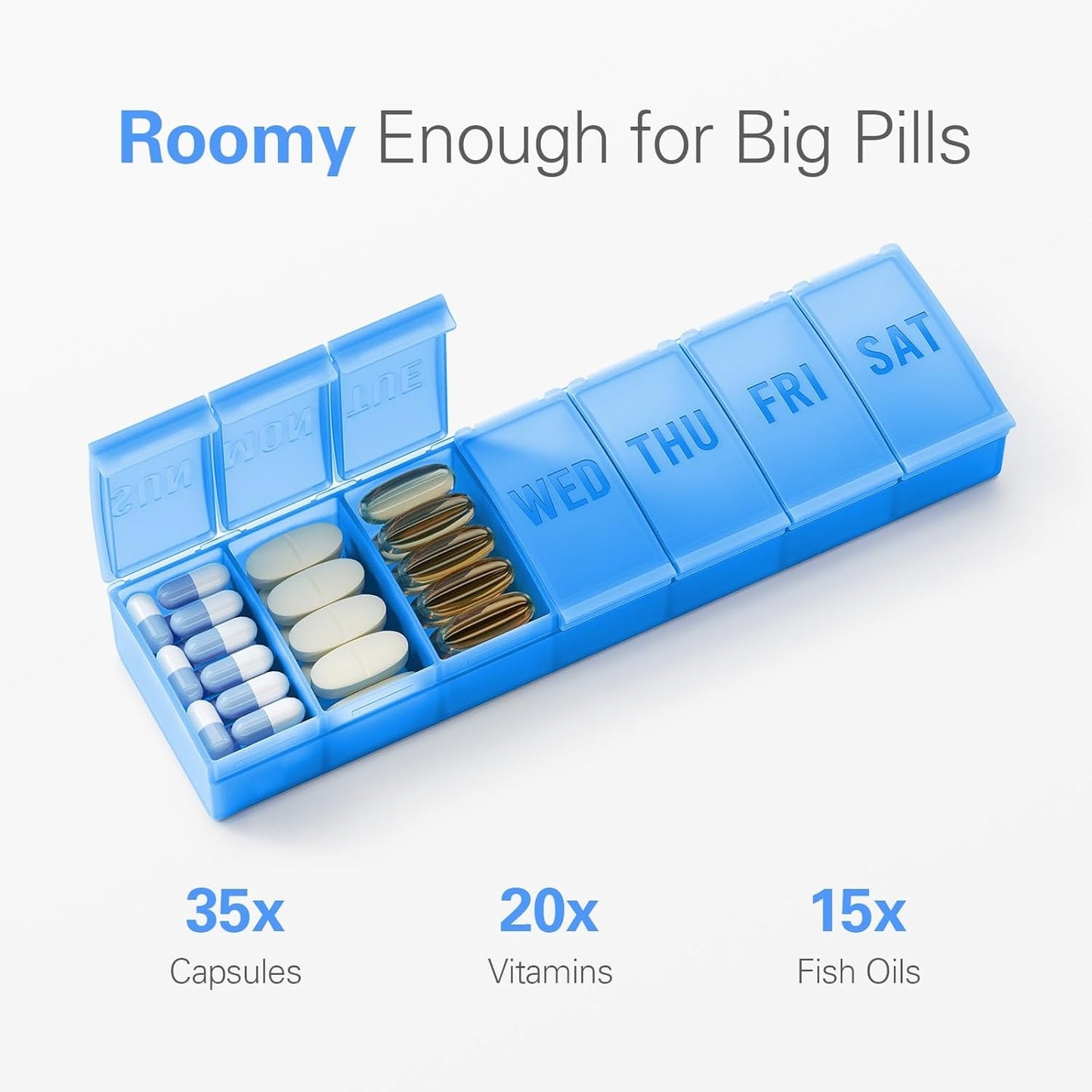 Barhon Pill Organizer Large, Weekly Medicine Pill Organizers, 7 Day Pills Box Case Travel for Big Vitamin Supplements Fish Oil, Blue