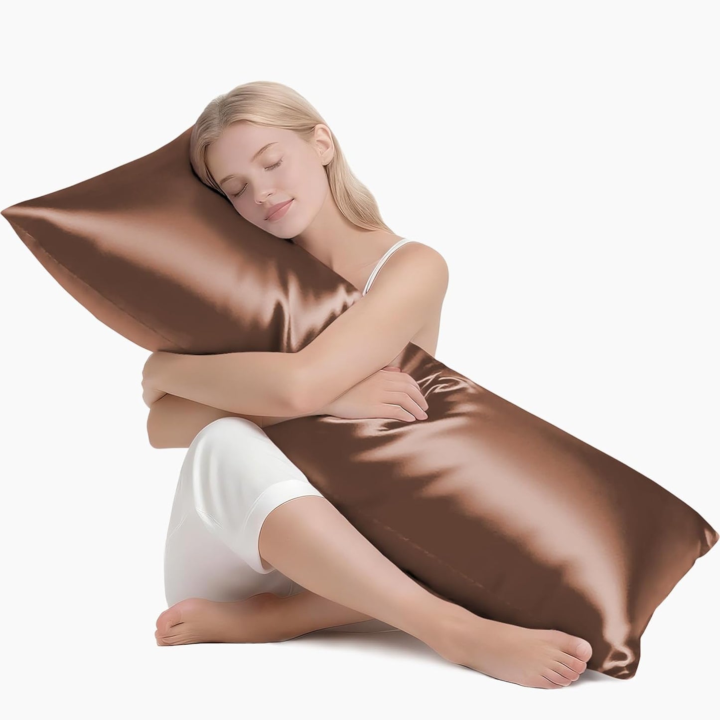 MR&HM Satin Body Pillow Cover, Soft and Breathable Body Pillow Case with Envelope Closure, Cooling and Silky Long Pillowcase for Hair and Skin,Grey (20x54, Mocha Mousse)