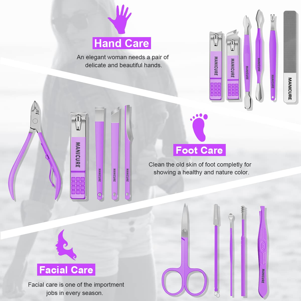 Manicure Set Professional Nail Clippers Pedicure Kit, 16 pcs Stainless Steel Nail Care Tools Grooming Kit with Luxurious Travel Leather Case for Thick Nails Men Women Gift (Violet)