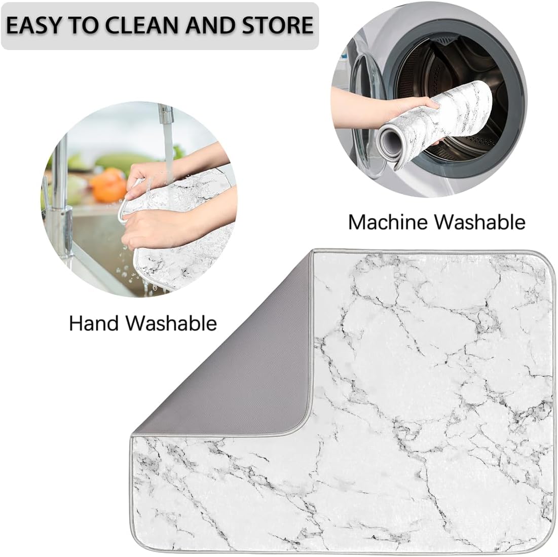 Dish Drying Mat White Gray Marble Texture Large Drying Mat for Kitchen Counter 18x24in Absorbent Dish Drainer Rack Pad, Heat Resistant Coffee Bar Mats Countertop Protector