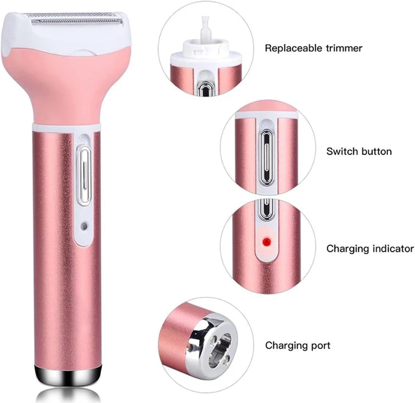 4-in-1 Electric Razor for Women - Painless Facial Hair Removal, Bikini Trimmer, Eyebrow & Body Groomer - Rechargeable Hair Clippers Set for Underarms, Legs & Nose