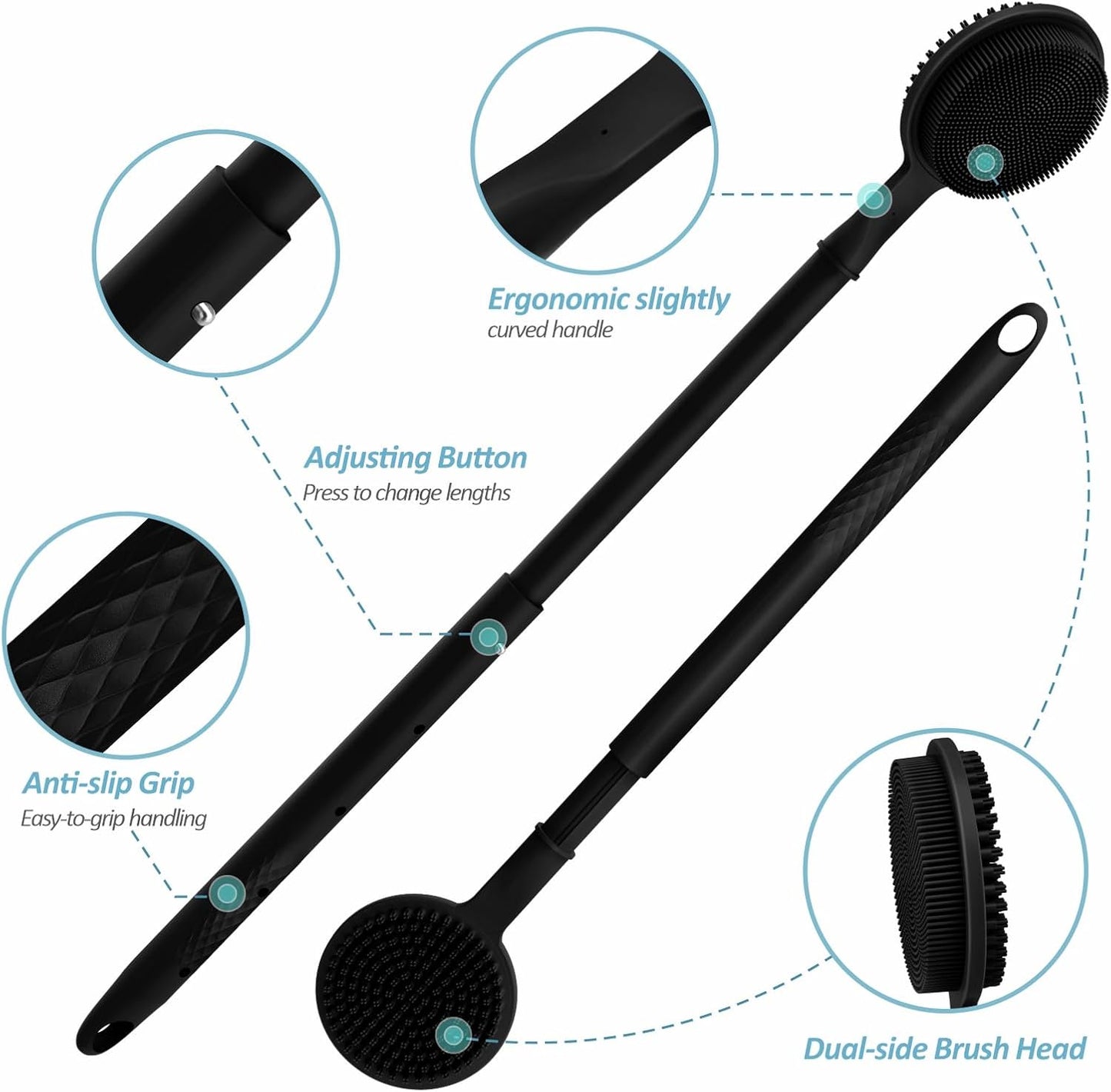 Adjustable Silicone Back Scrubber for Shower, 16''-24'' Extendable Shower Back Scrubber for Rich Foam, 5-Length Back Brush Bath Brush with Dual-Side Head and Super-Lathering Bristles(Black)