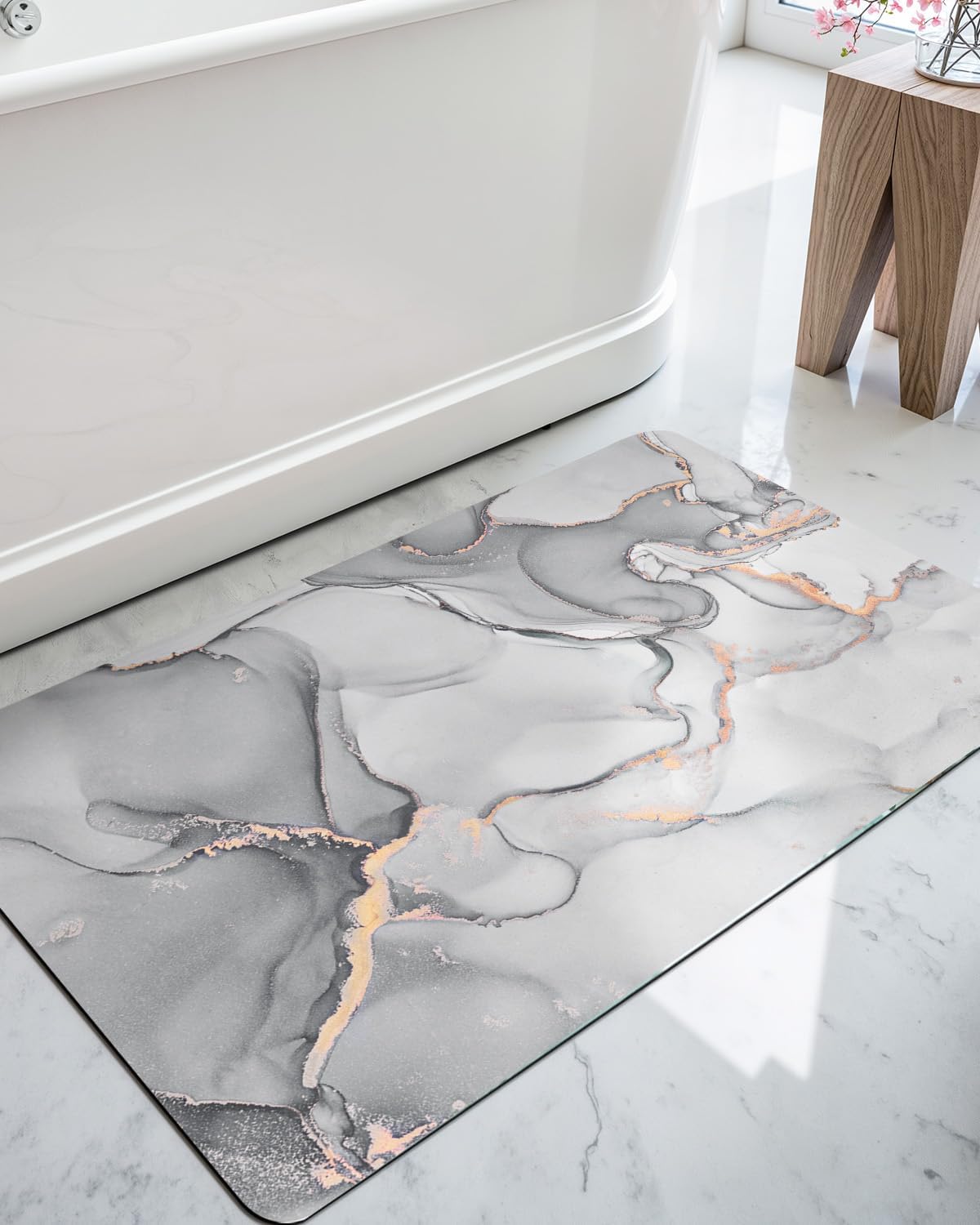 DEXI Bathroom Mat Ultra Thin, Non Slip Bath Rug for Shower Floor, Absorbent Quick Dry Marble Bathmats Low Profile, 16x24, Light Grey