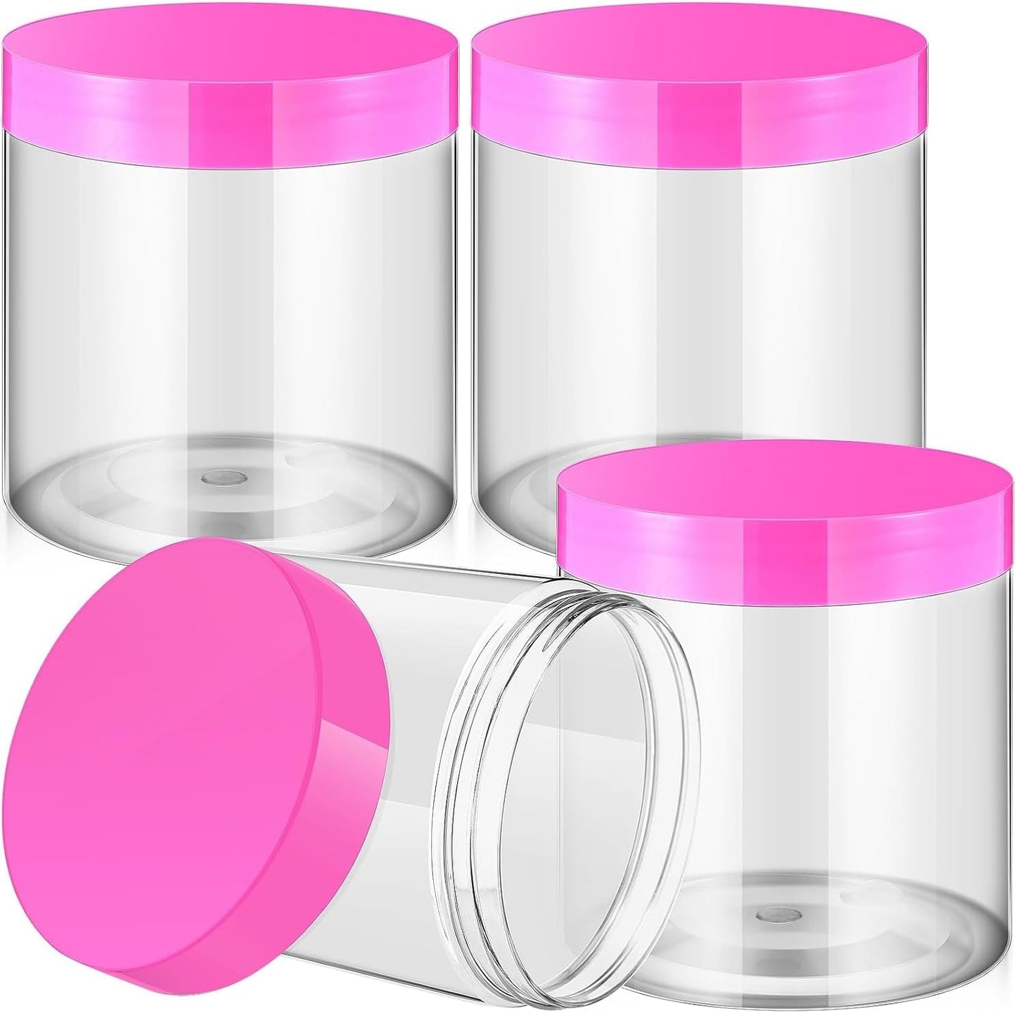 SATINIOR 12 Pack 16 oz Plastic Container Jars with Lids Round Clear Travel Cosmetic Container Slime Jars for Toiletries, Lotion, Cream, Ointments, Makeup, Rhinestone, Samples, Kitchen Storage(Pink)
