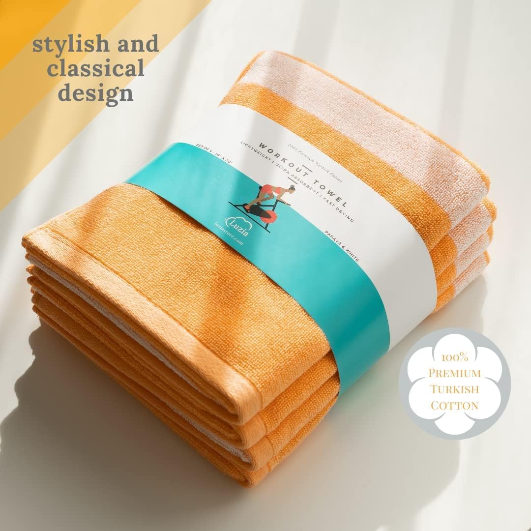 Luzia Striped Workout Towel for Sweat (Pack of 4) - Premium Quality 100% Turkish Cotton - Lightweight and Super Absorbent for Exercise, Sports, Workout, Fitness, Gym, Yoga, Running (Orange)