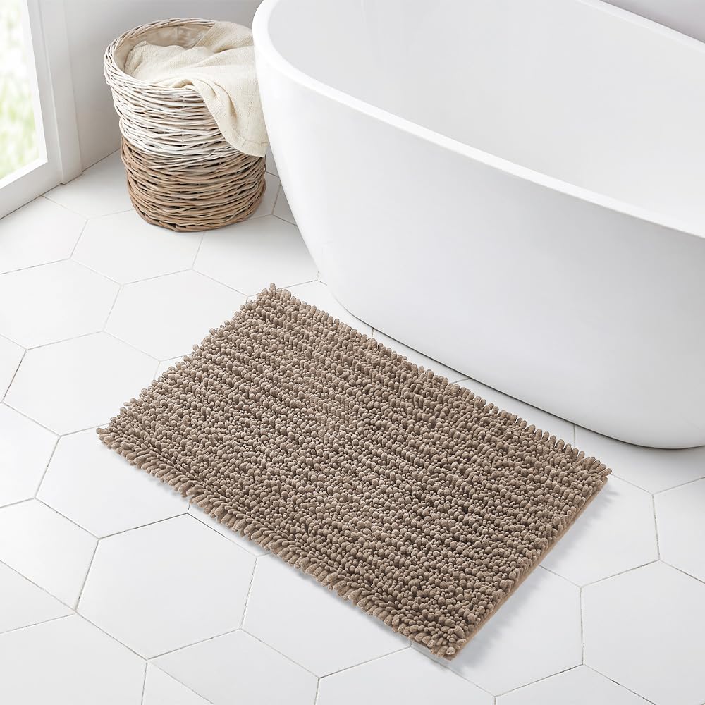 Walensee Bathroom Rug Non Slip Bath Mat (32x20 Inch Taupe) Water Absorbent Super Soft Shaggy Chenille Machine Washable Dry Extra Thick Perfect Absorbant Best Large Plush Carpet for Shower Floor