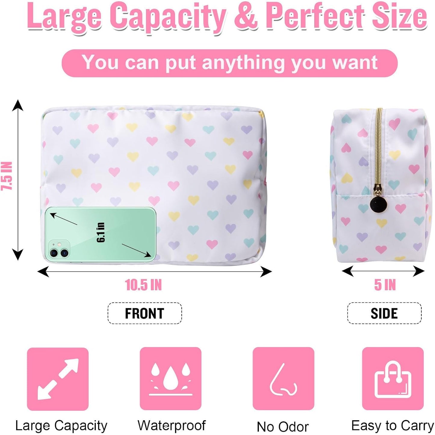 Nylon Large Makeup Bag Travel Cosmetic Bag Pouch, Big Preppy Makeup Bag Cute Cosmetic Zipper Pouch Purse, Waterproof Toiletry Bag Clutch Makeup Organizer Travel Essentials for Women Girl(White-Heart)