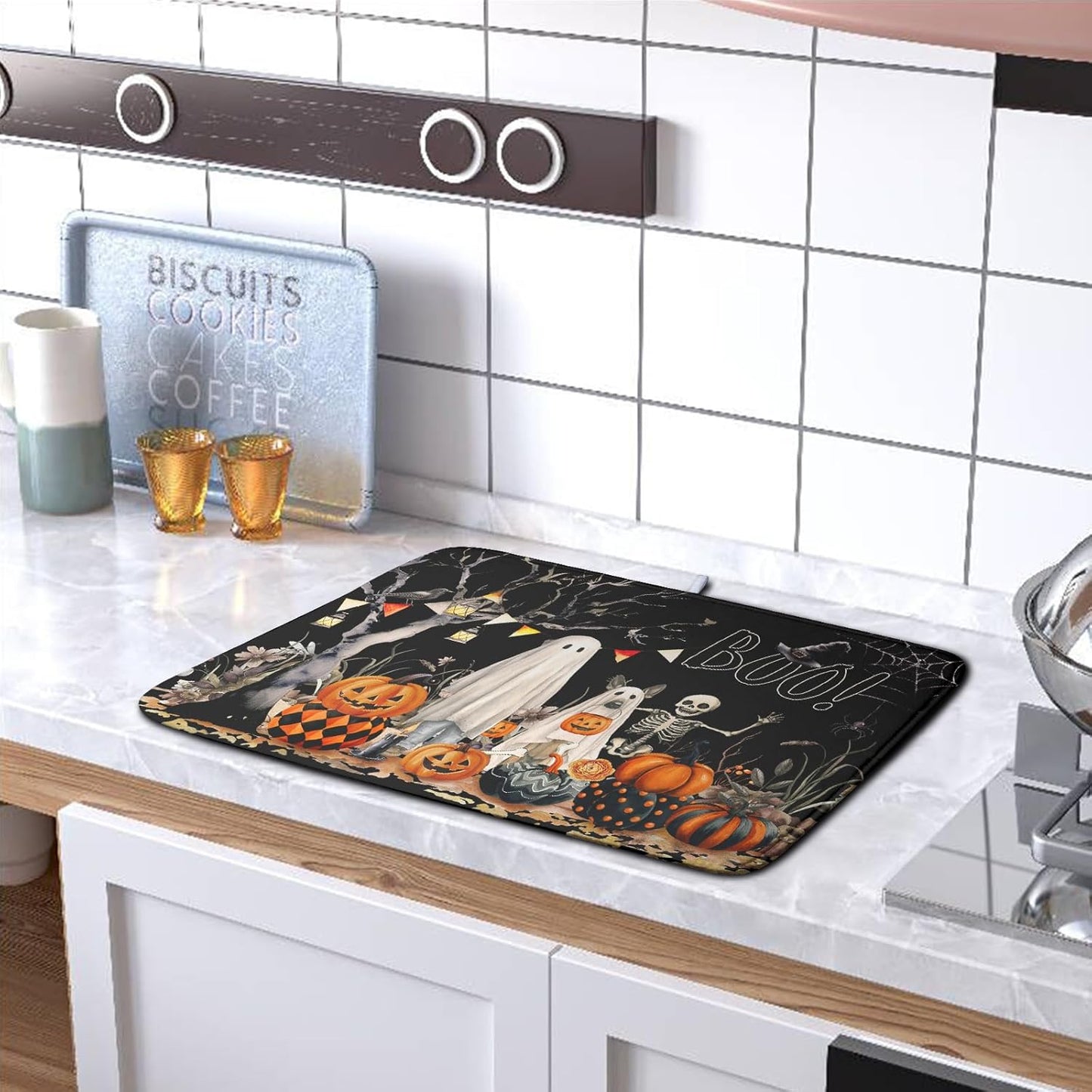 Halloween Dish Drying Mat for Kitchen Counter 18x24 Inch Black Ghost Pumpkins Dog Boo Skull Dishes Drainer Mats Absorbent Microfiber Washable Dish Draining Pad for Sink Coffee Bar