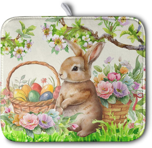 Easter Egg Bunny Dish Drying Mat for Kitchen Counter Floral Flower Basket Drying Mats Absorbent Dish Pad Spring Summer Holiday Medium Dish Draining Mat 18x24 inch
