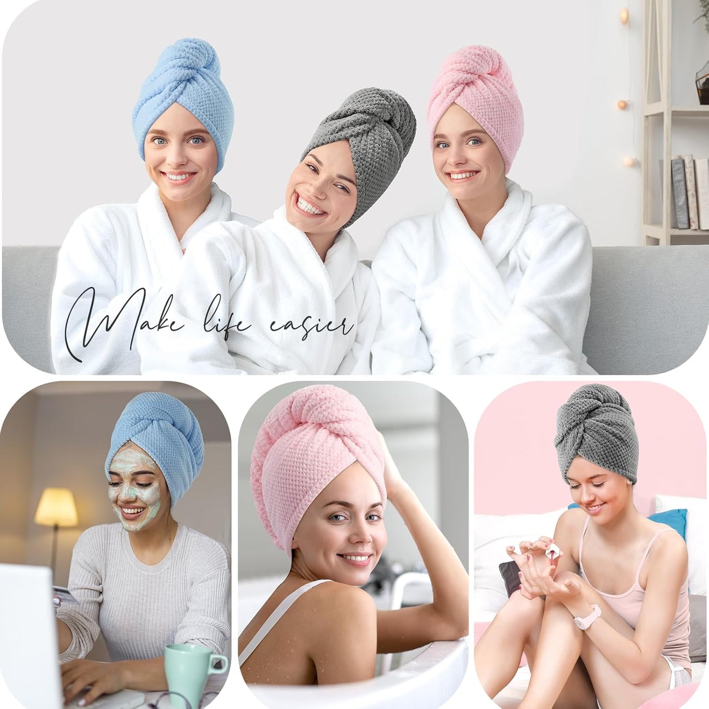 YFONG 3 Pack Large Microfiber Hair Towel Wrap, 30" x 10" Thicker Anti Frizz Quick Dry Hair Towels for Women Long, Curly, Thick Hair, Super Absorbent Hair Turban for Wet Hair (Grey, Pink, Blue)