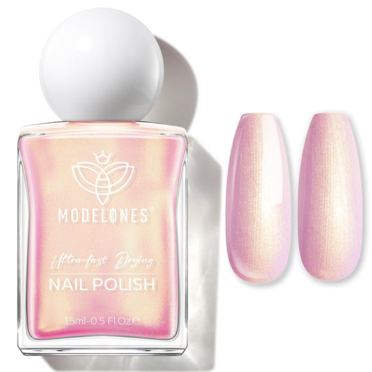 modelones Chrome Pink Nail Polish, 15 ml Pearl Mermaid Iridescent Shimmer Pink Quick Dry Nail Lacquer Long Last Shine Fingernail Polish Nail Art DIY Home Manicure Gift for Women Girls 0.5 Fl Oz