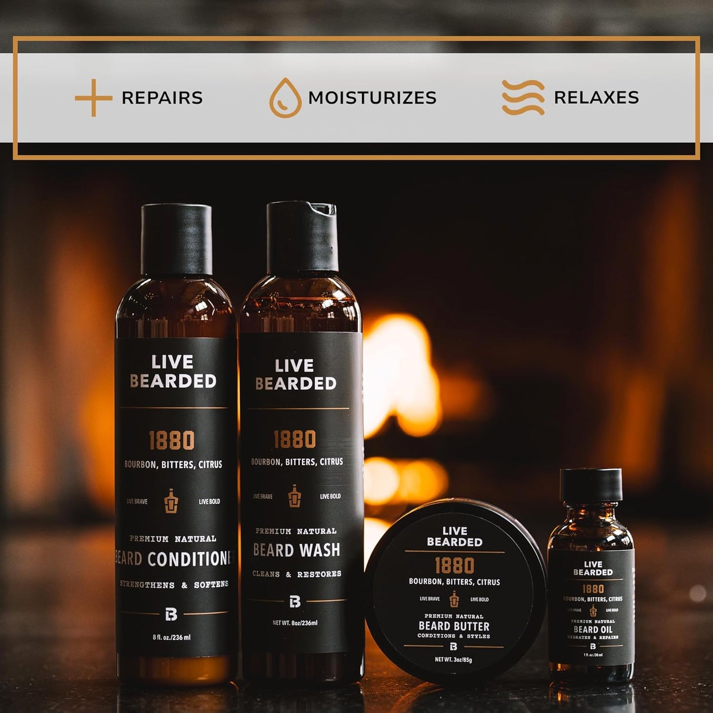 Live Bearded Complete Beard Grooming Kit - Wash, Conditioner, Butter and Oil - Made in the USA with All-Natural Ingredients - Mens Groom Set | 1880 Scent - Bourbon, Bitters, Citrus