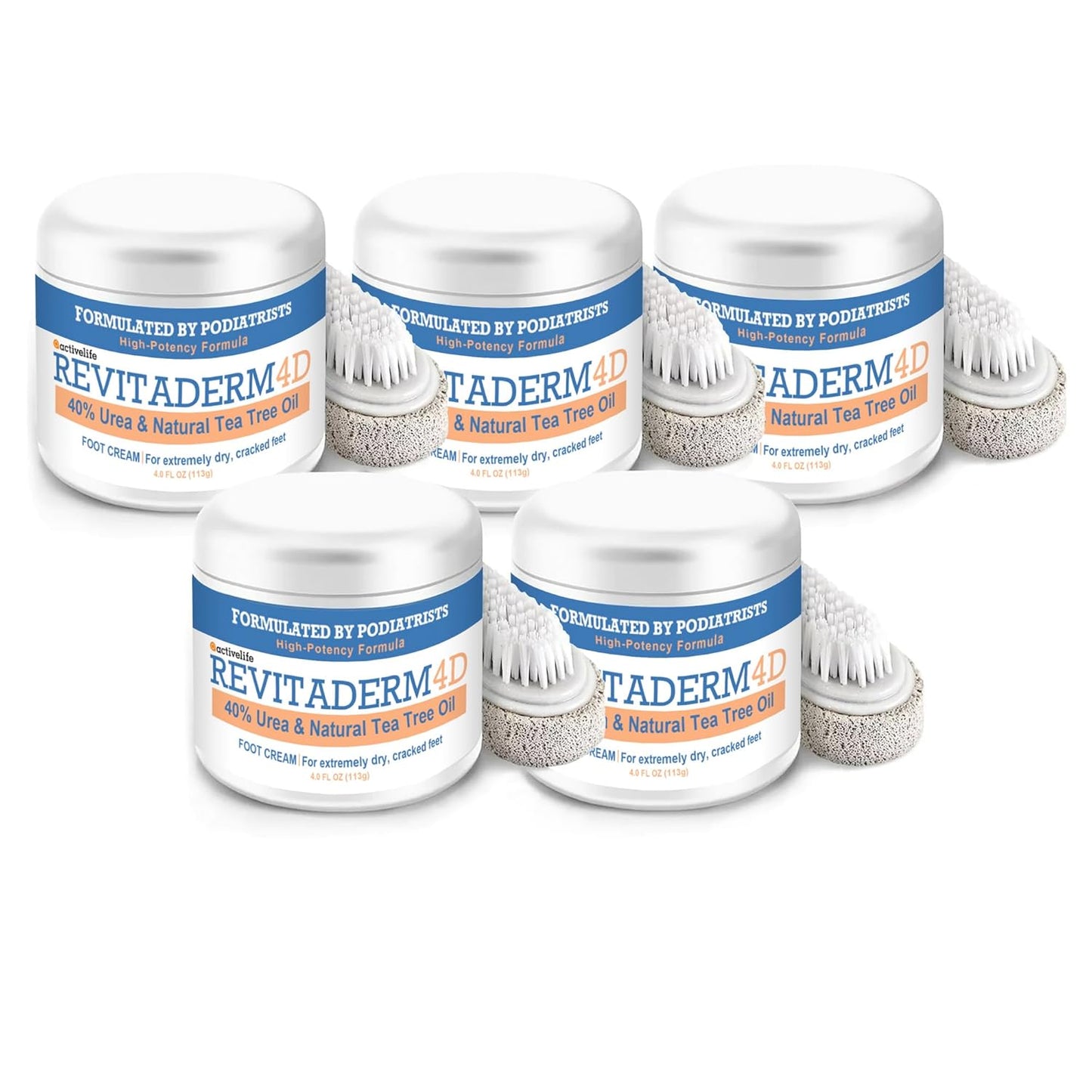 Revitaderm 4D Urea Cream 40% for Feet, Intensive Moisturizing Foot Cream for Dry, Rough, Callused Skin, Includes Free Pumice Stone and Exfoliating Brush, Fast-Absorbing, Fragrance-Free, 4oz, 5 Pack