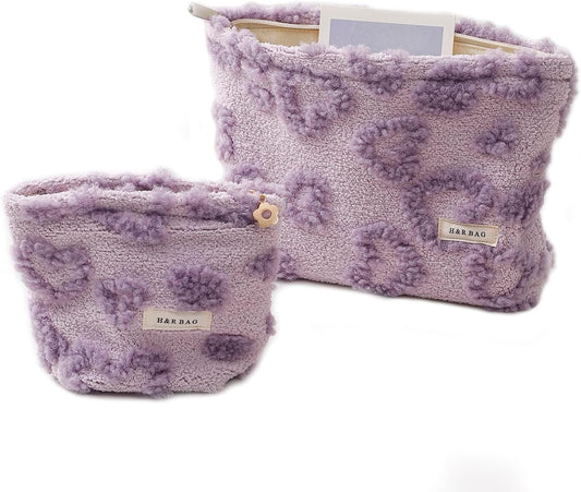 2 Pcs Makeup Bags, Large Cosmetic Bag Travel Toiletry Bag Organizer for Women, Plush Makeup Bag Small Cosmetic Pouch Purse with Zipper Gifts for Girls Teen