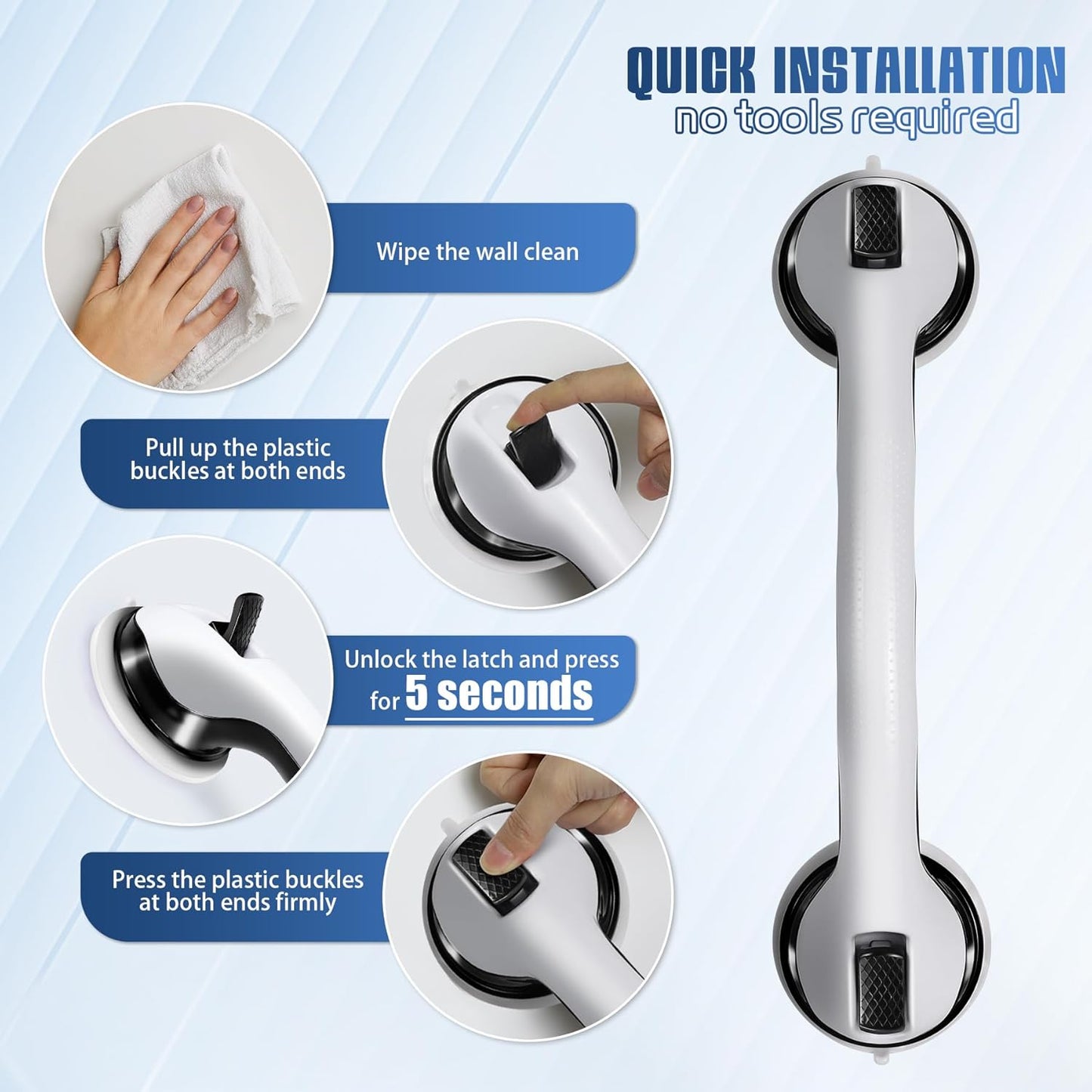 Grab Bars for Bathtubs and Showers, 2 Pack Shower Handles for Elderly with Strong Suction, 16 Inch Bathroom Shower Safety Bars for Seniors and Disabled for Wall