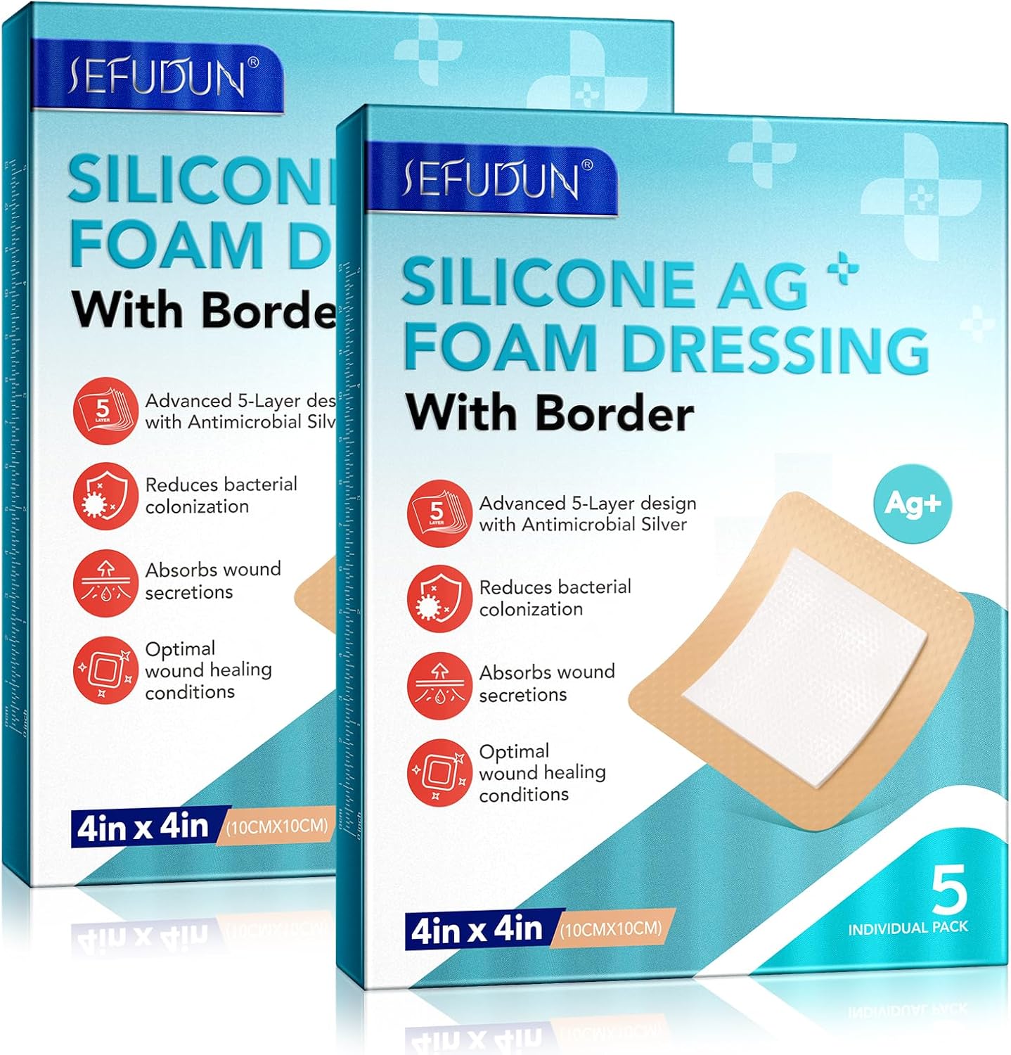 Silicone Foam Dressing Ag Sterile Wound Bandage with Waterproof Gentle Silicone Adhesive Border (10 Packs), 4"x 4" Breathable Ultra Absorbent Pads (4x4 Inch (Pack of 10))