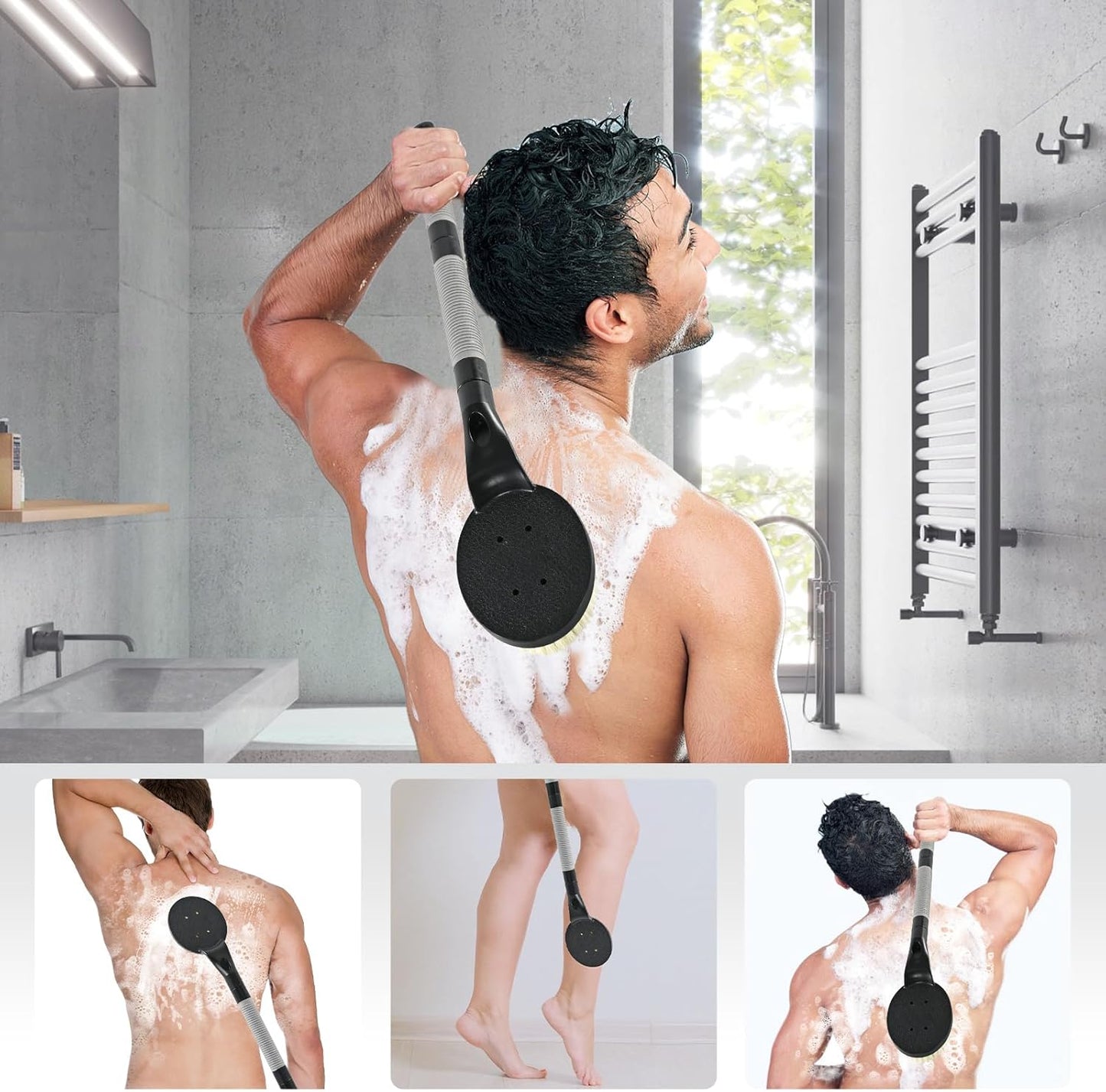 Back Scrubber Anti Slip for Shower, 21.7” Detachable Back Bath Brush for Shower, Back Scrubber, Exfoliation and Improved Skin Health for Elderly with Limited Arm Movement, Disabled (21.7” Black)
