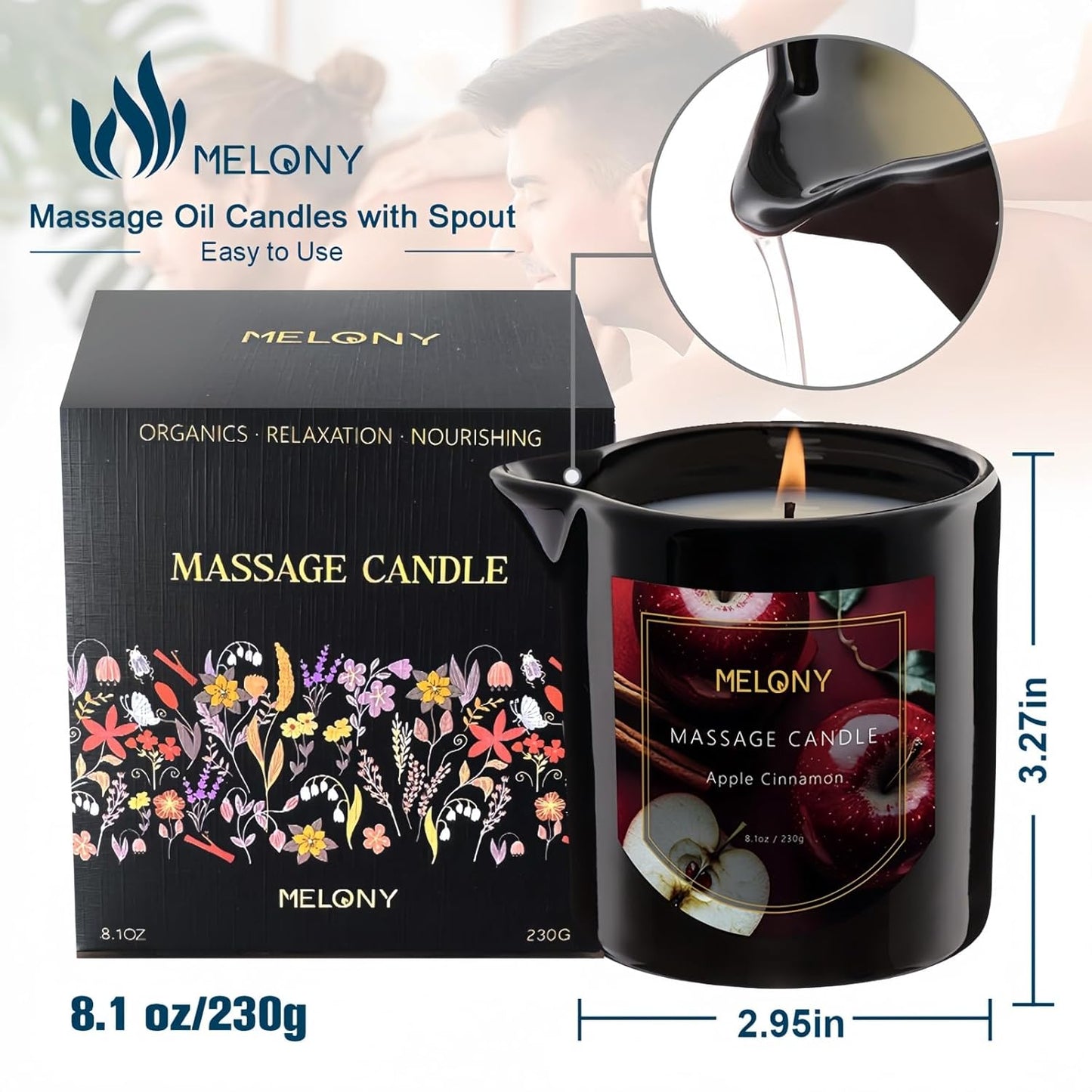 MELONY Luxury Massage Candle - Moisturising, Body Oil Candles for Muscle Relaxation, Home Spa, 8.1OZ (Apple Cinnamon)