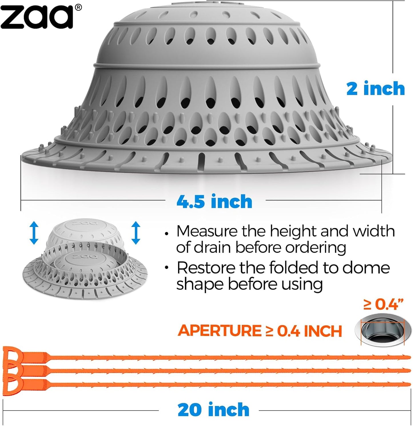 zaa 5 Pcs Bathtub & Shower Drain Hair Catcher, 2 Pack Silicone Collapsible Drain Protector and Drain Cover with 3 Snake Drain Clog Removers, for Pop-Up and Regular Drains of Tub, Shower, Bathroom