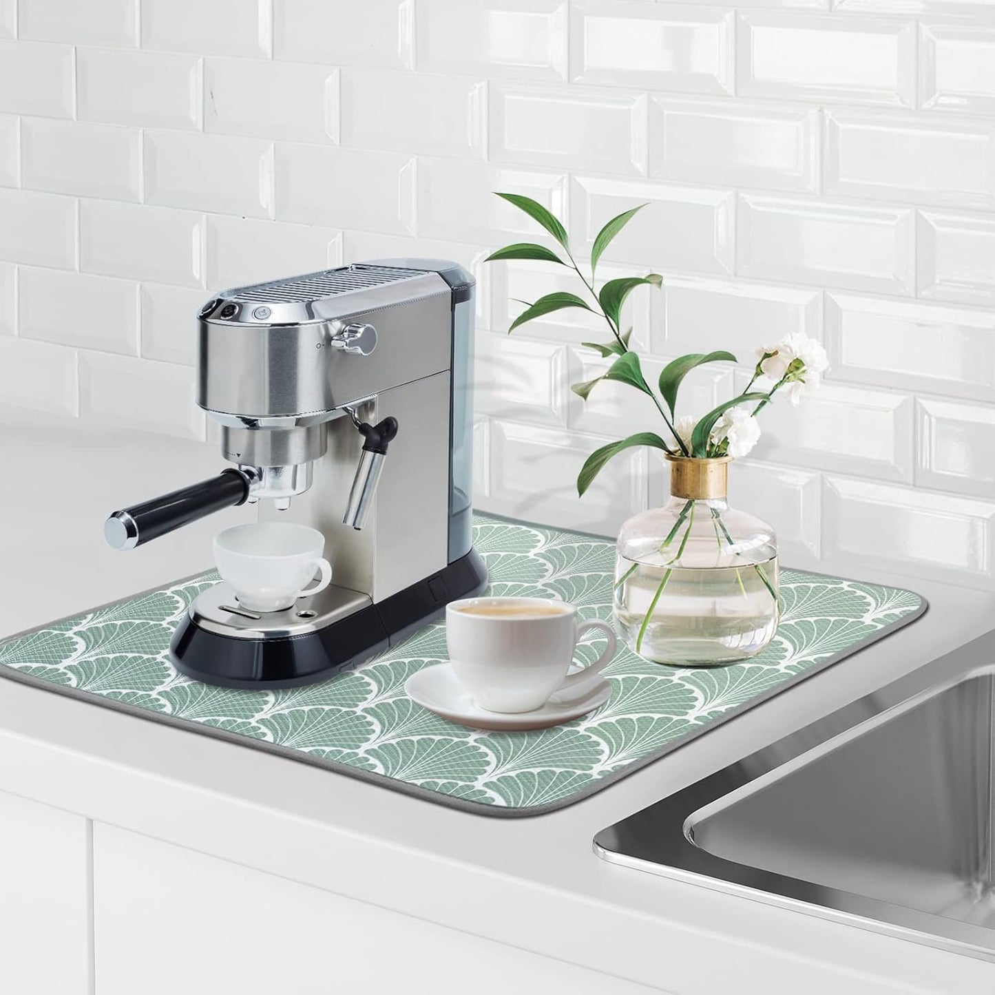 SHIYUE Dish Drying Mat for Kitchen Counter Super Absorbent Spring Kitchen Decor Microfiber Drying Matainers Rack Fast Pad Dish Drainer Mats(Green Shell Geometric,16''x18'')