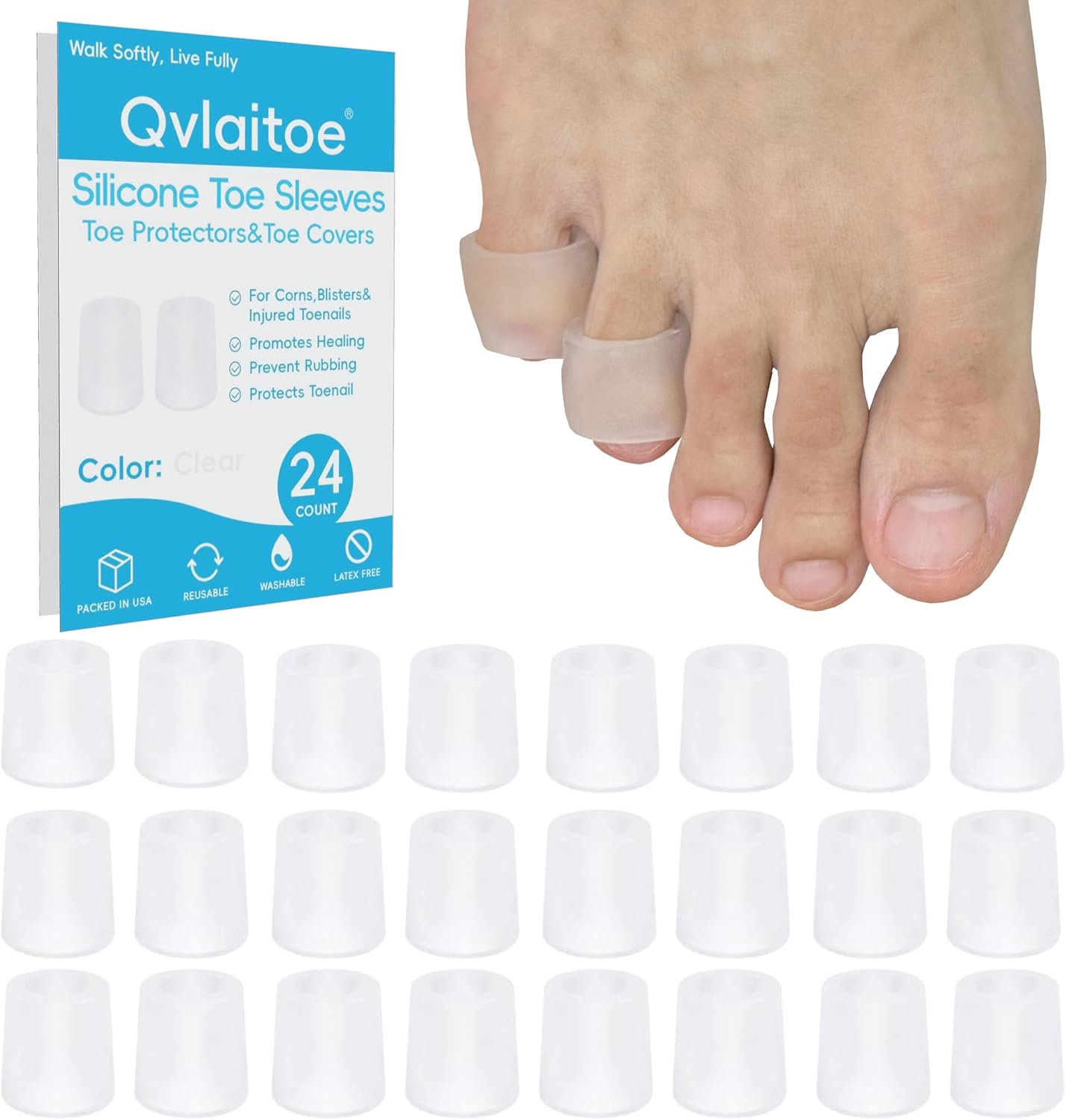 Silicone Toe Sleeves, 24 Count Pinky Toe Protector for Pain Relief, Gel Toe Covers for Blisters, Corn, Bunion, Hammer Toes, Overlapping Toes, Toenails Loss (Clear)