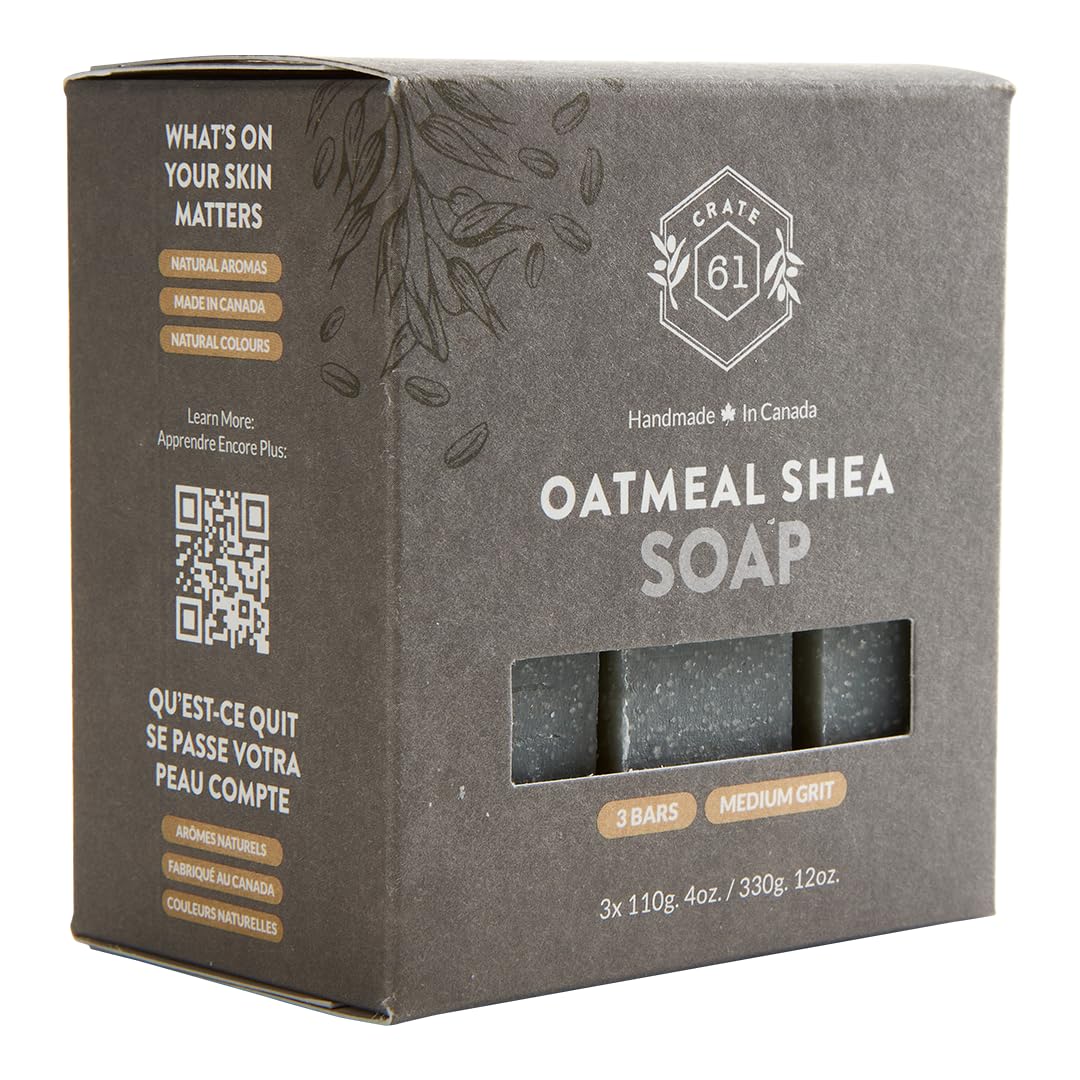 Crate 61 Organics, Handmade in Canada, Plant Based Cold Process Natural Bar Soap For Face & Body, w/Premium Essential Oils, For Men & Women 3 Pack (Oatmeal Shea (Unscented))