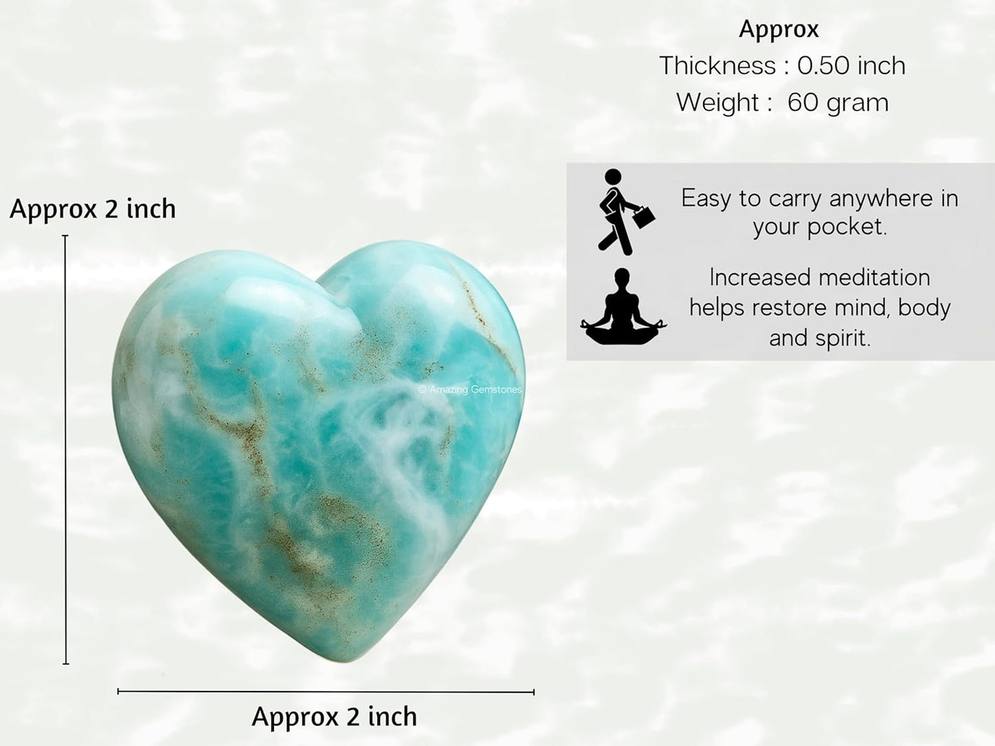 Amazing Gemstone Caribbean Calcite Crystal Heart Palm Stone - Pocket Massage Worry Stone for Natural Body Chakra Balancing, Reiki Healing and Crystal Grid
